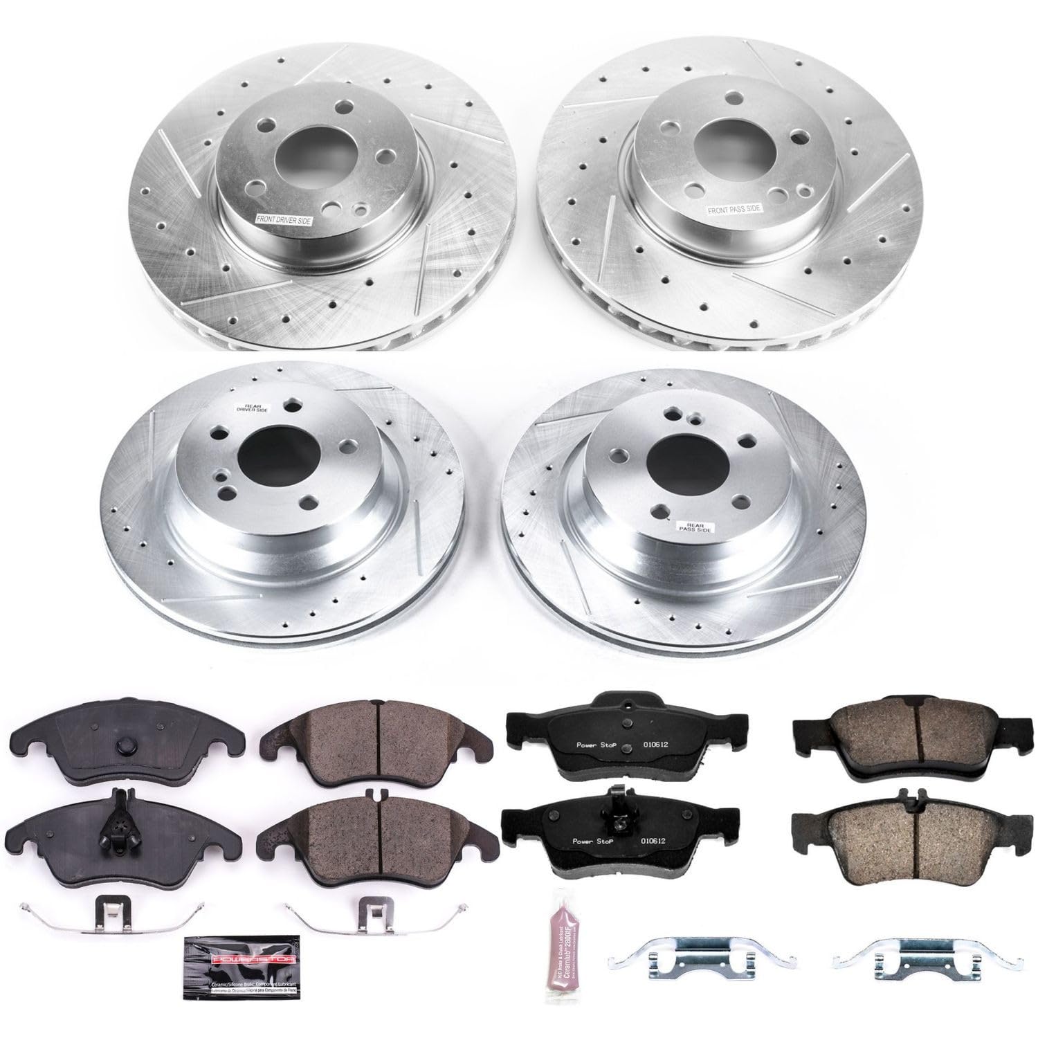 Power Stop K7830 Z23 Carbon Fiber Brake Pads Front and Rear with Drilled & Slotted Brake Rotors Kit and 1 Front & 1 Rear Sensor Wires For Mercedes-Benz E350, Mercedes-Benz E400 [Model Specific]
