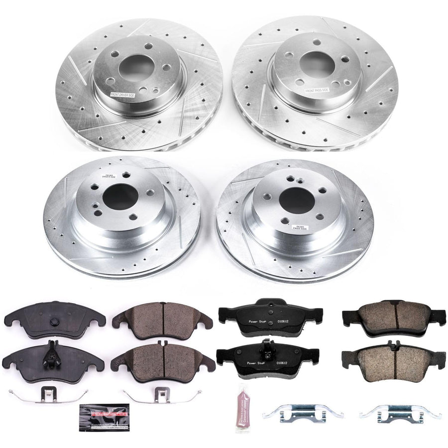 Power Stop K7830 Z23 Carbon Fiber Brake Pads Front and Rear with Drilled & Slotted Brake Rotors Kit and 1 Front & 1 Rear Sensor Wires For Mercedes-Benz E350, Mercedes-Benz E400 [Model Specific]
