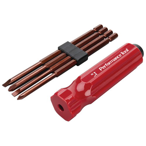 W2505 Performance Tool 5 Pc. Hammer Screwdriver Kit, Phillips and Slotted Bits, S2 Steel, Reversible, Red