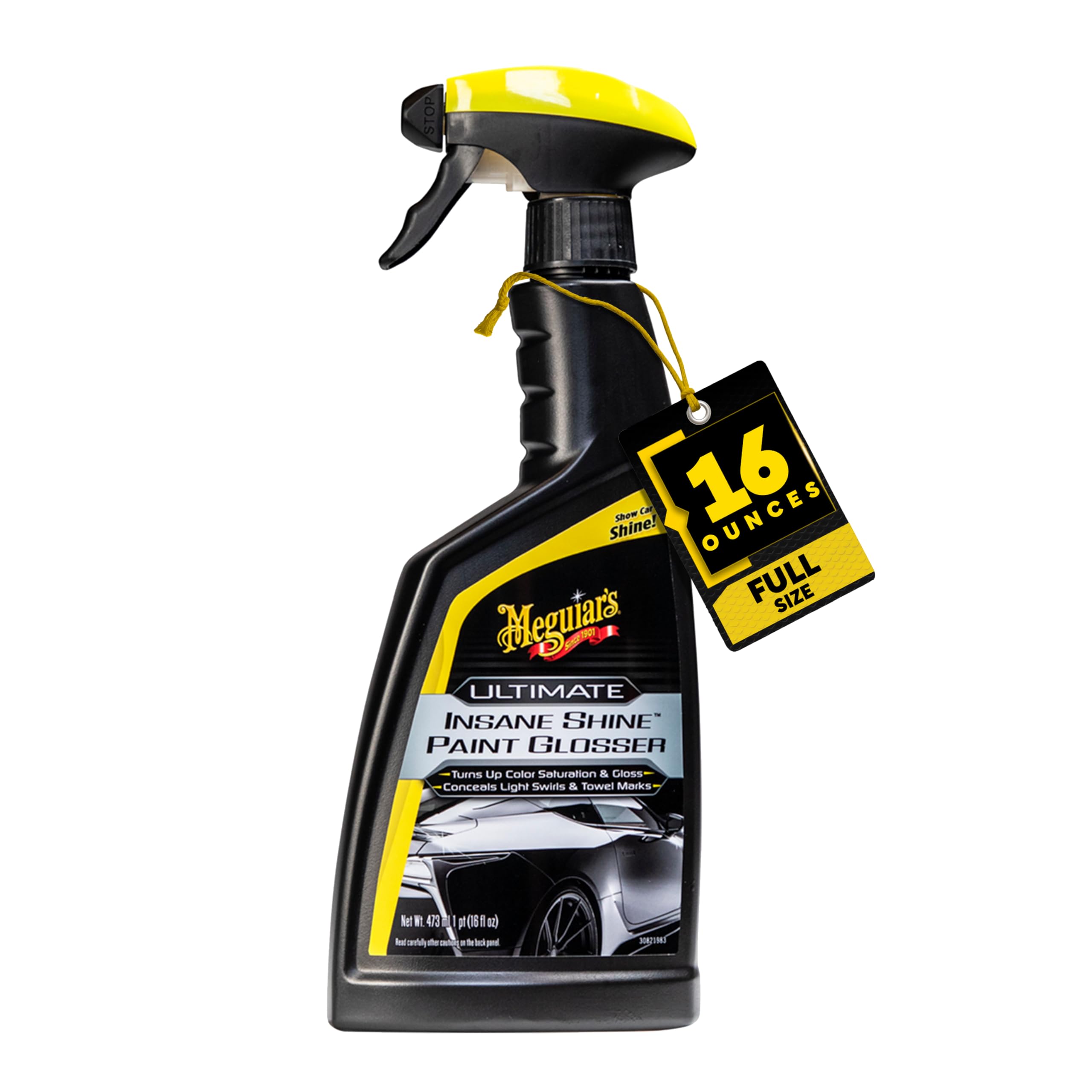 Meguiar's Ultimate Paint Glosser Insane Shine, Easy-to-Use Spray On and Wipe Off Product to Minimize Swirls and Enhance Glossy Paint Using Specialized Polymers, 16 Oz Spray Bottle