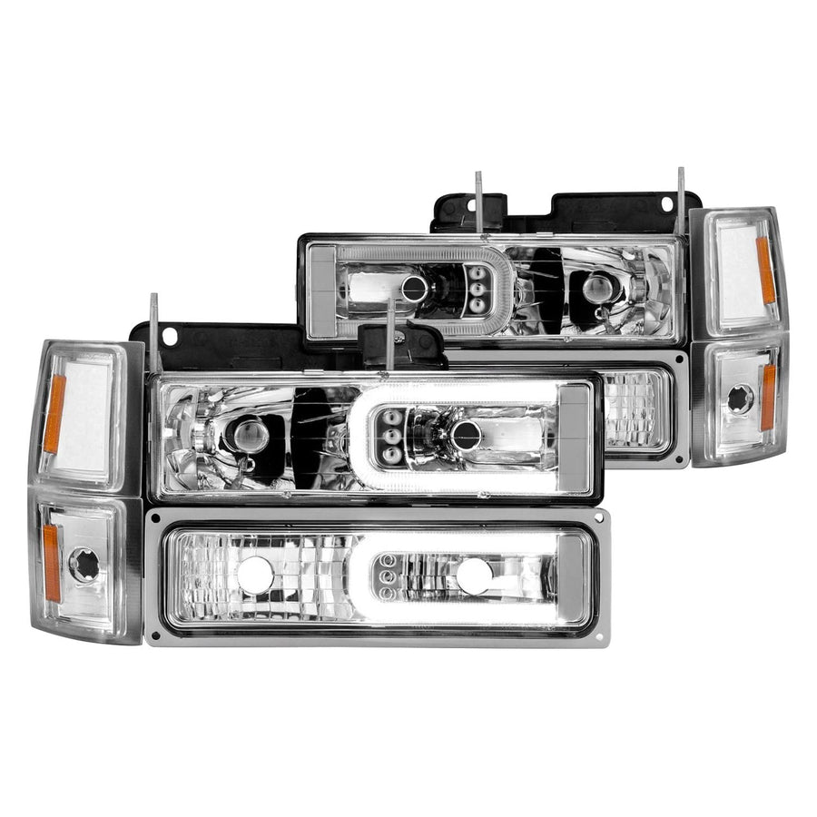 88-98 Chevrolet C1500 ANZO Crystal Headlights w/Light Bar Chrome Housing w/Signal Side Markers 8Pcs
