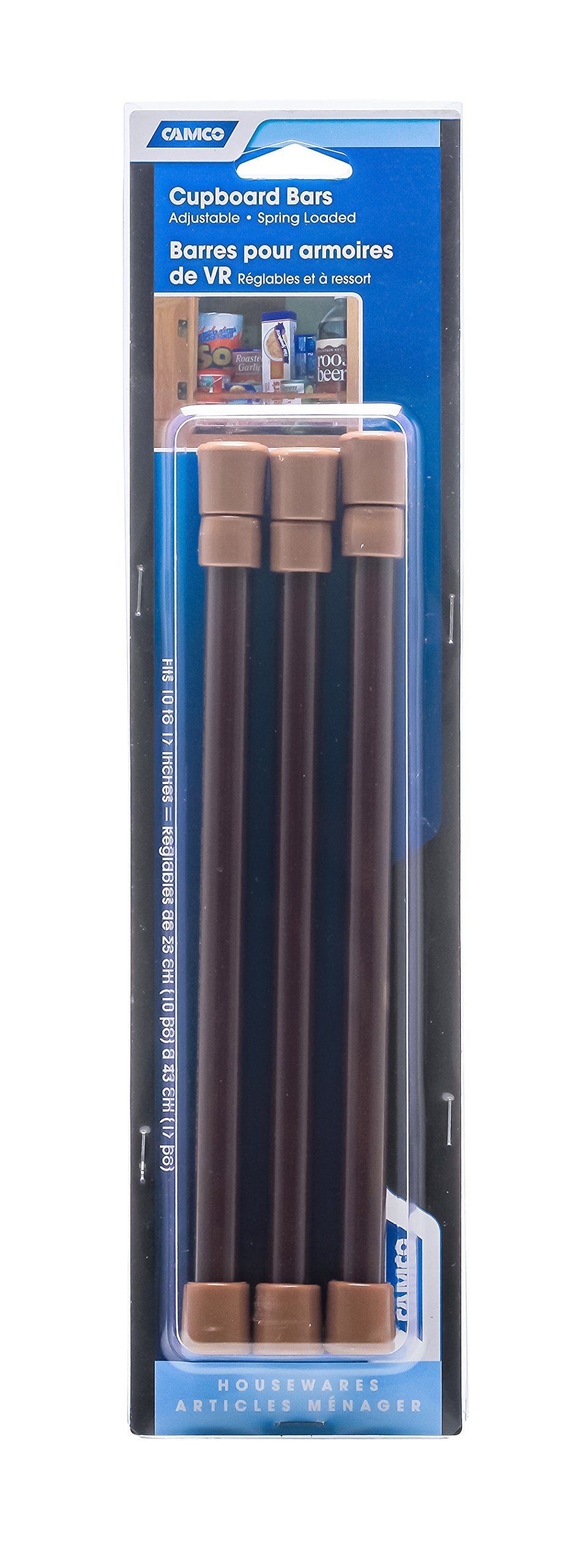 Camco 17" Cupboard Bars RV - 3 pack, Holds Food and Drinks in Place During Travel, Prevents Messy Spills, Spring Loaded and Extends Between 10" and 17" - Brown ( 44066)