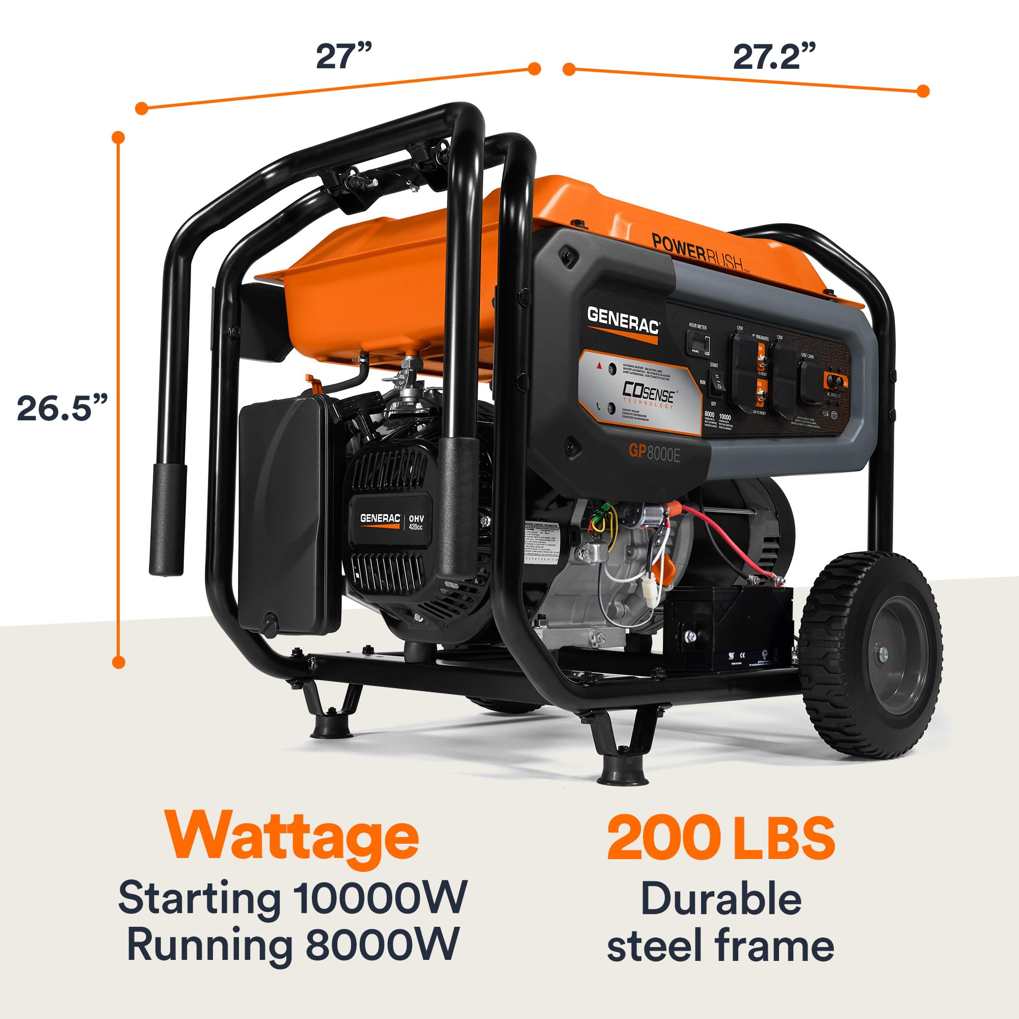 Generac Portable Gas Generator 10,000 Starting Watt - Electric Start - Home Backup or RV Ready - Heavy Duty Frame - Quiet, Long Runtime, Emergency Power - 49-State Compliant