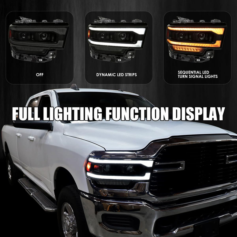 Dual Projector Headlights SPEC-D TUNING Black Smoke w/Sequential LED Turn Signal and Startup Animation Compatible with 2019-2024 Dodge Ram 2500, 3500, 4500, Left + Right Pair Headlamps Assembly