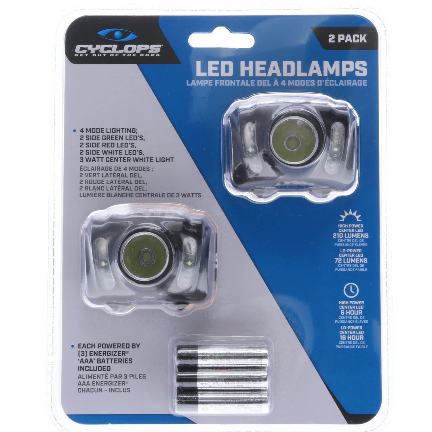 210 Lumen CYCLOPS Headlamp, Tactical Durable Lightweight Compact Adjustable Stretch Headband Bright 3 Color LED Headlight, AAA Batteries Included, Pack of 2