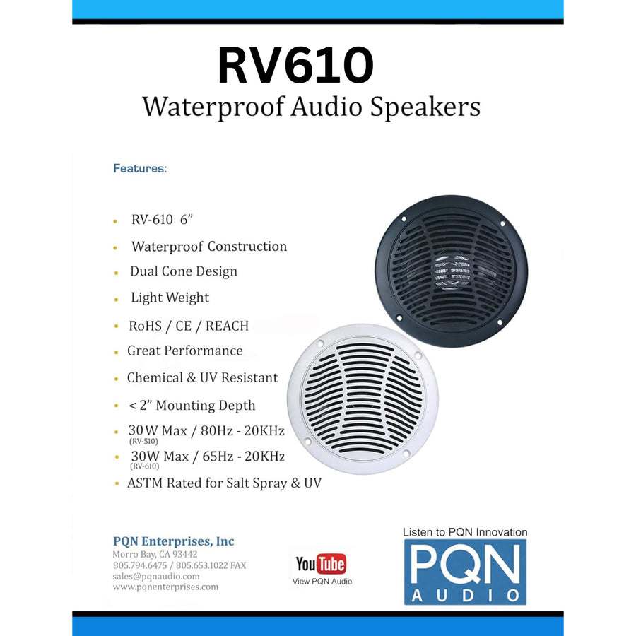 PQN Audio 5 Inch RV610-4BK Dual Cone Waterproof Marine Speakers for Boat, RV, Camper, Golf Cart - Wall, Floor, Ceiling Mount, Chemical & UV Resistant, 2 Pack, Black