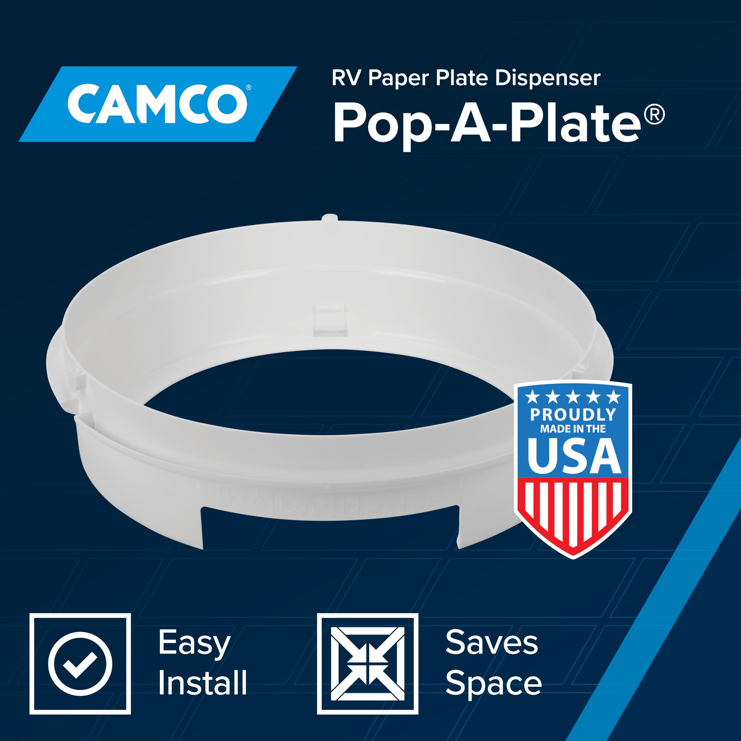 Pop-A-Plate Camco 9-inch Plastic Plate Dispenser | Ideal for Compact Spaces, RVs and Trailers | Mounts Under Cabinets or Shelves | White (57001)