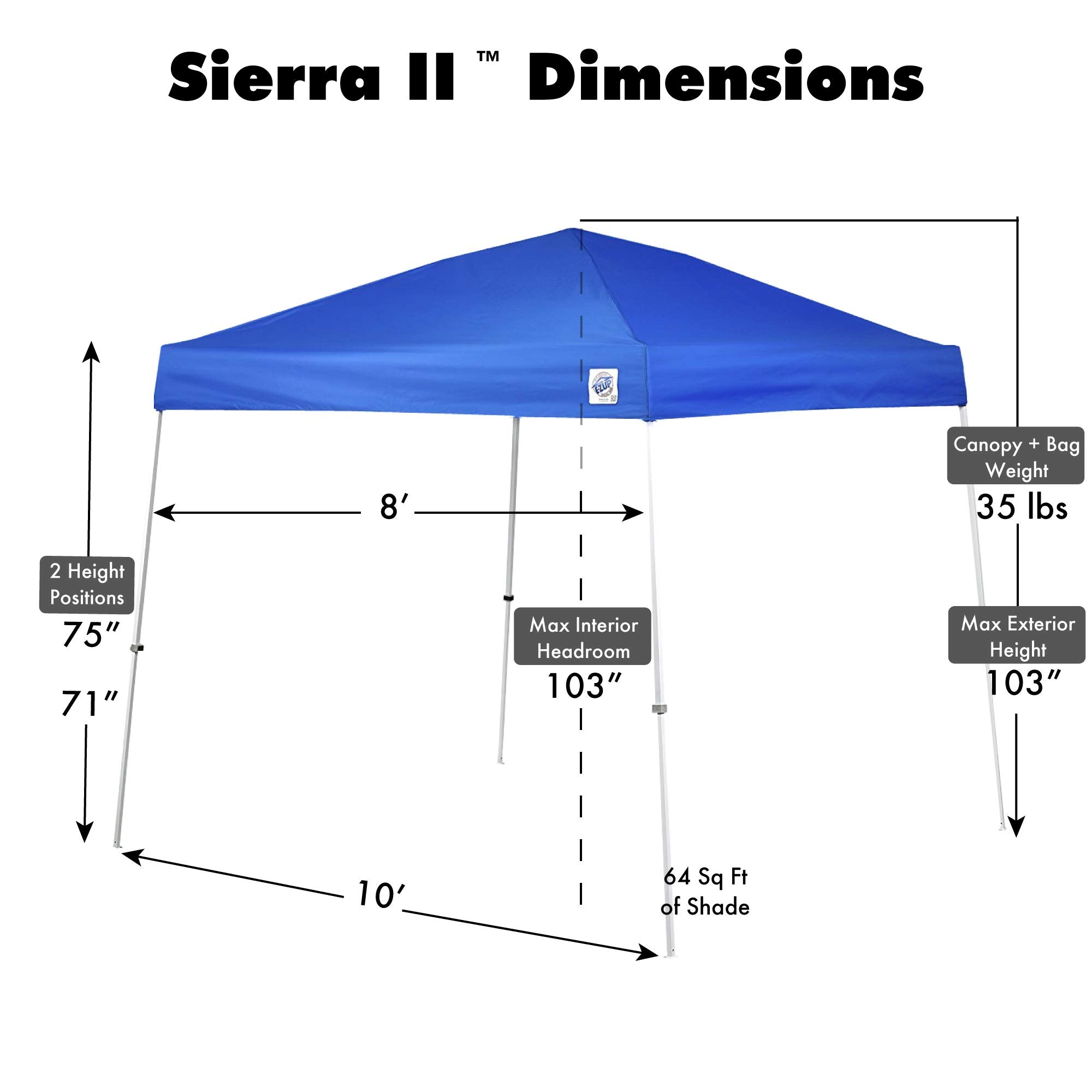 E-Z UP Instant Pop Up Sierra II Outdoor Canopy 10' x 10', Roller Bag and 4 Piece Spike Set, Royal Blue