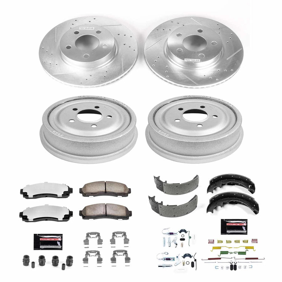 Power Stop Brake Kit Front and Rear For 2003 2004 2005 2006 2007 2008 2009 Ford Ranger - Truck & Tow Carbon Fiber Ceramic Pads, Drums, & Drilled and Slotted Rotors Replacement, K15005DK-36