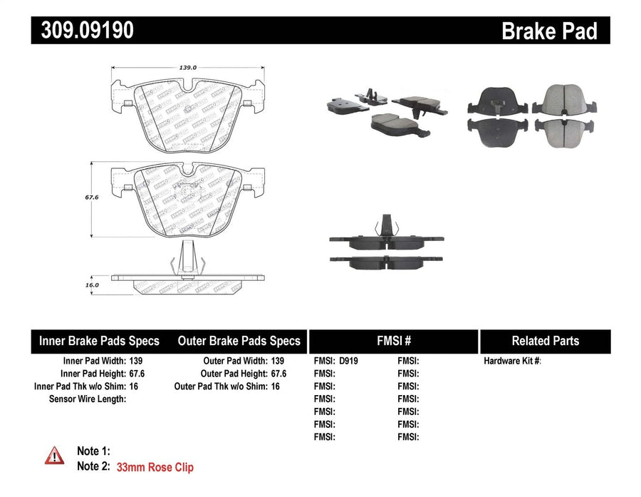 Sport Brake Pads StopTech 309.09190 with Shims and Hardware