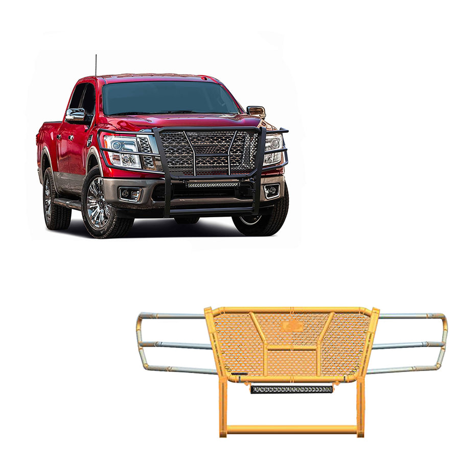 Heavy Duty Black Horse Rugged Grille Brush Bumper Guard Modular Black Come with Single Row LED Light Compatible with 2017-2024 Nissan Titan-RU-NITI17-B-K2