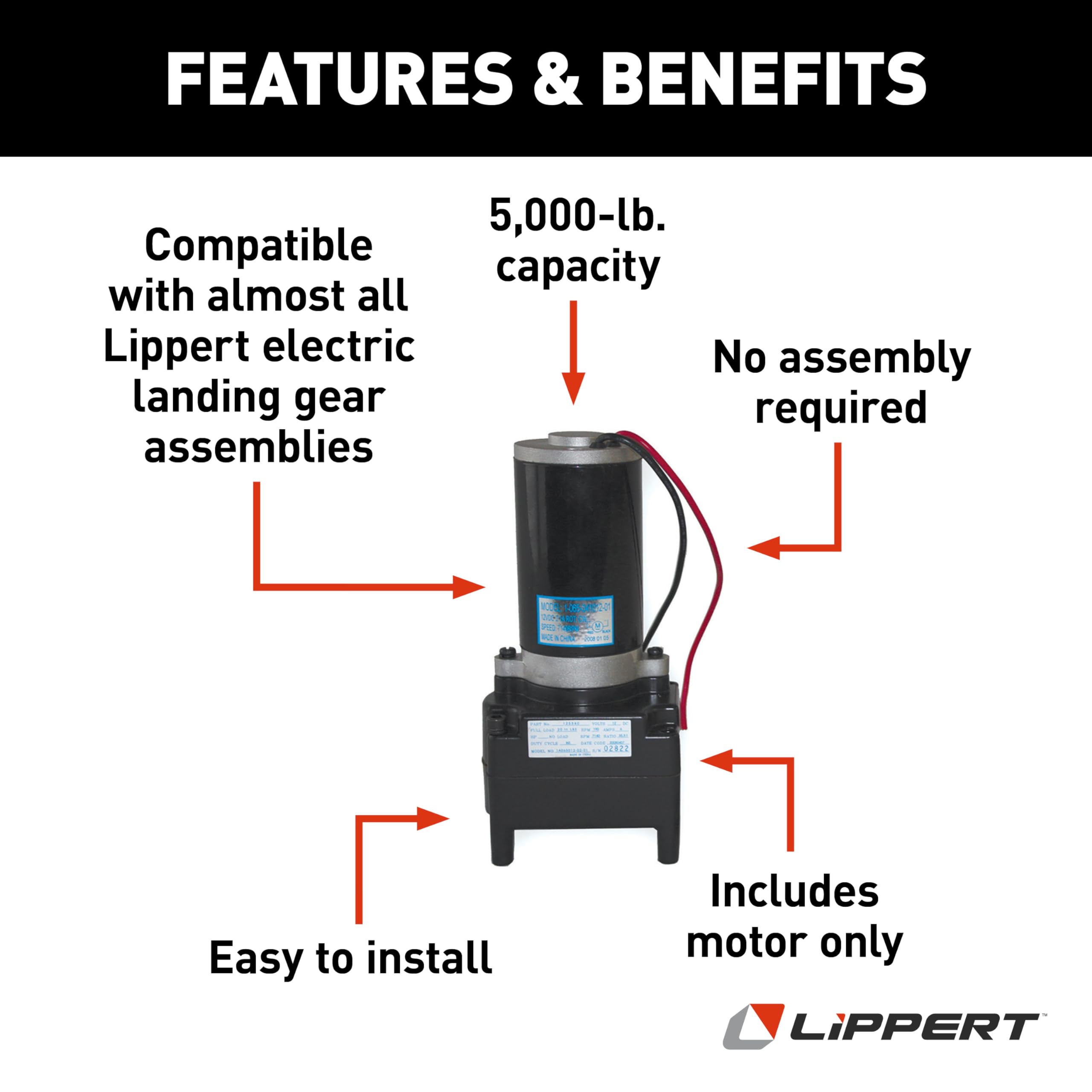 Lippert High-Speed Tuson Electric 5th Wheel Landing Gear Motor Replacement, 5,000 lbs. Extend & Retract Legs, Easy Installation, No Assembly Required - 141893