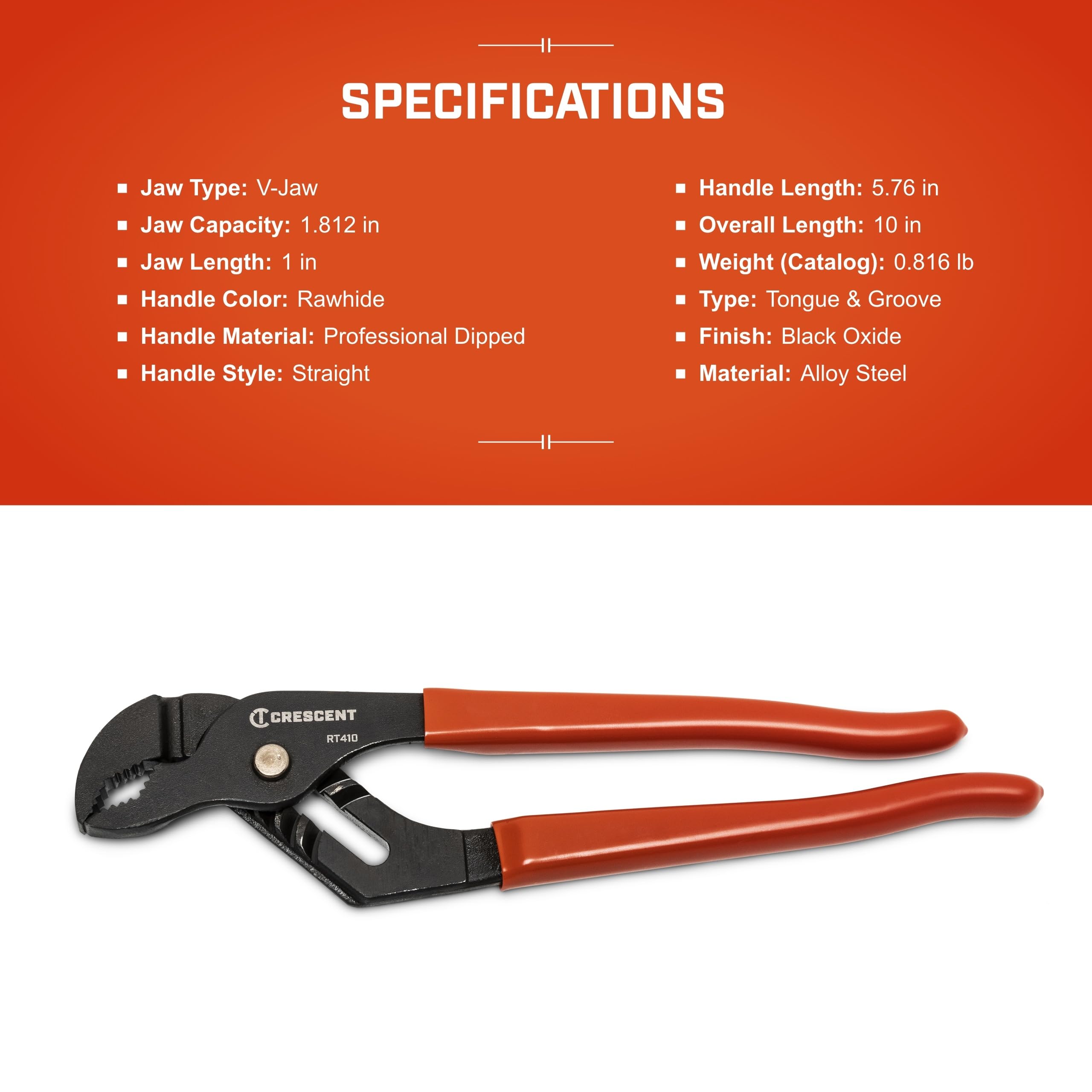 Crescent 10" Dipped Handle V-Jaw Tongue and Groove Pliers - RT410CVN-05