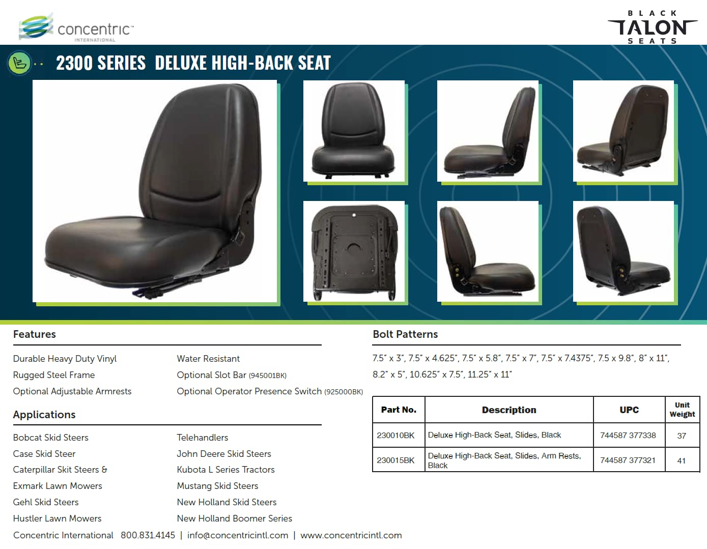 Deluxe Black Talon 230010BK High-Back Universal Replacement Tractor Seat, Slides, Black