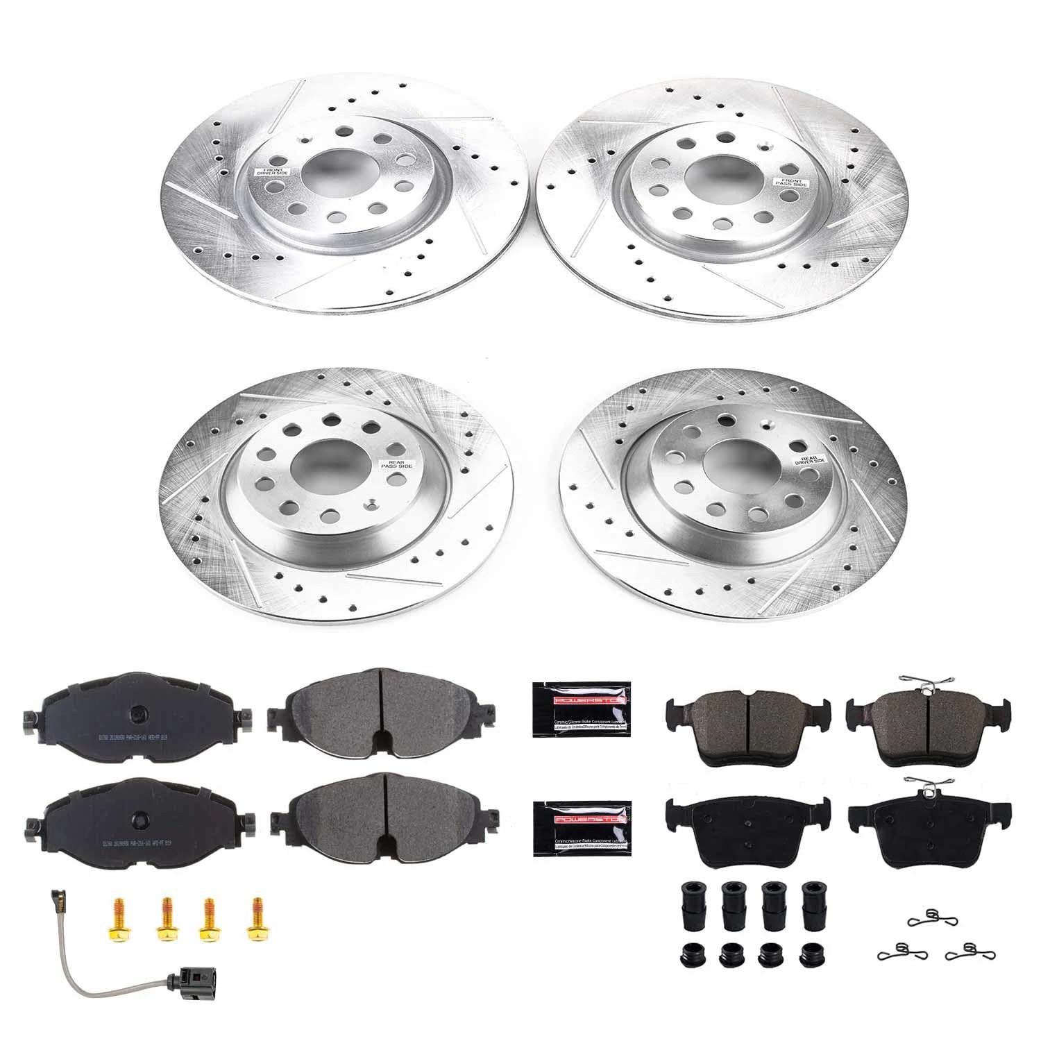 Power Stop K7278 Z23 Carbon Fiber Brake Pads Front and Rear with Drilled & Slotted Brake Rotors Kit and 1 Front Sensor Wire For Audi TT Quattro 2016-2021 [Model Specific]