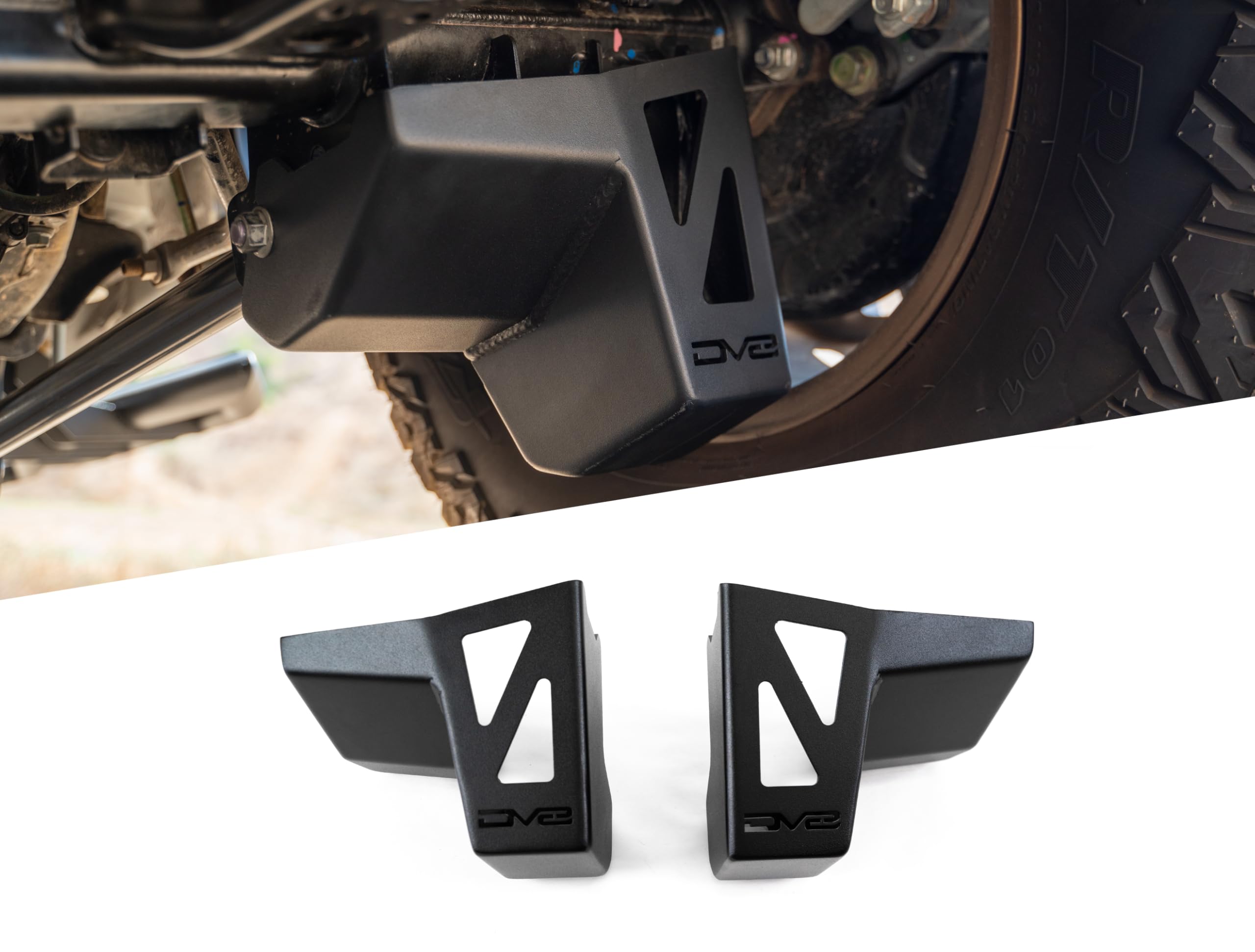 Rear Shock & Link Skid Plates DV8 for 2024 Toyota Tacoma | Protects Lower Shock Mount & Link | Built-in Drain Holes | Single Piece Design | Fully Bolt-On Installation | Black Powder Coat | 4mm Steel