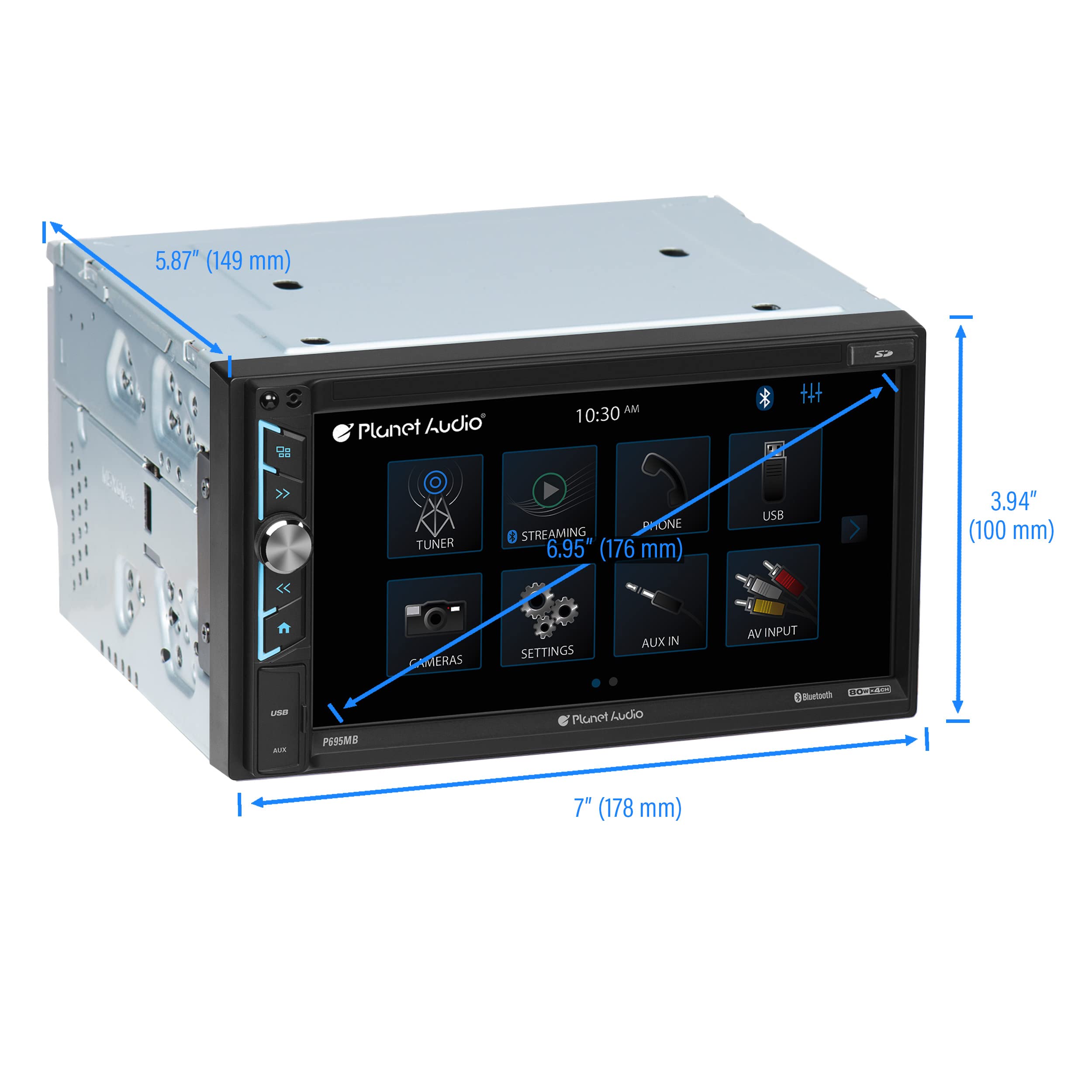 Multimedia Car Stereo Planet Audio P695MB - A-Link (Screen Mirroring), Bluetooth Audio and Calling, 6.95 Inch LCD Touchscreen, Double Din, USB, Micro SD, Aux Input, AM/FM Radio Receiver, No CD/DVD