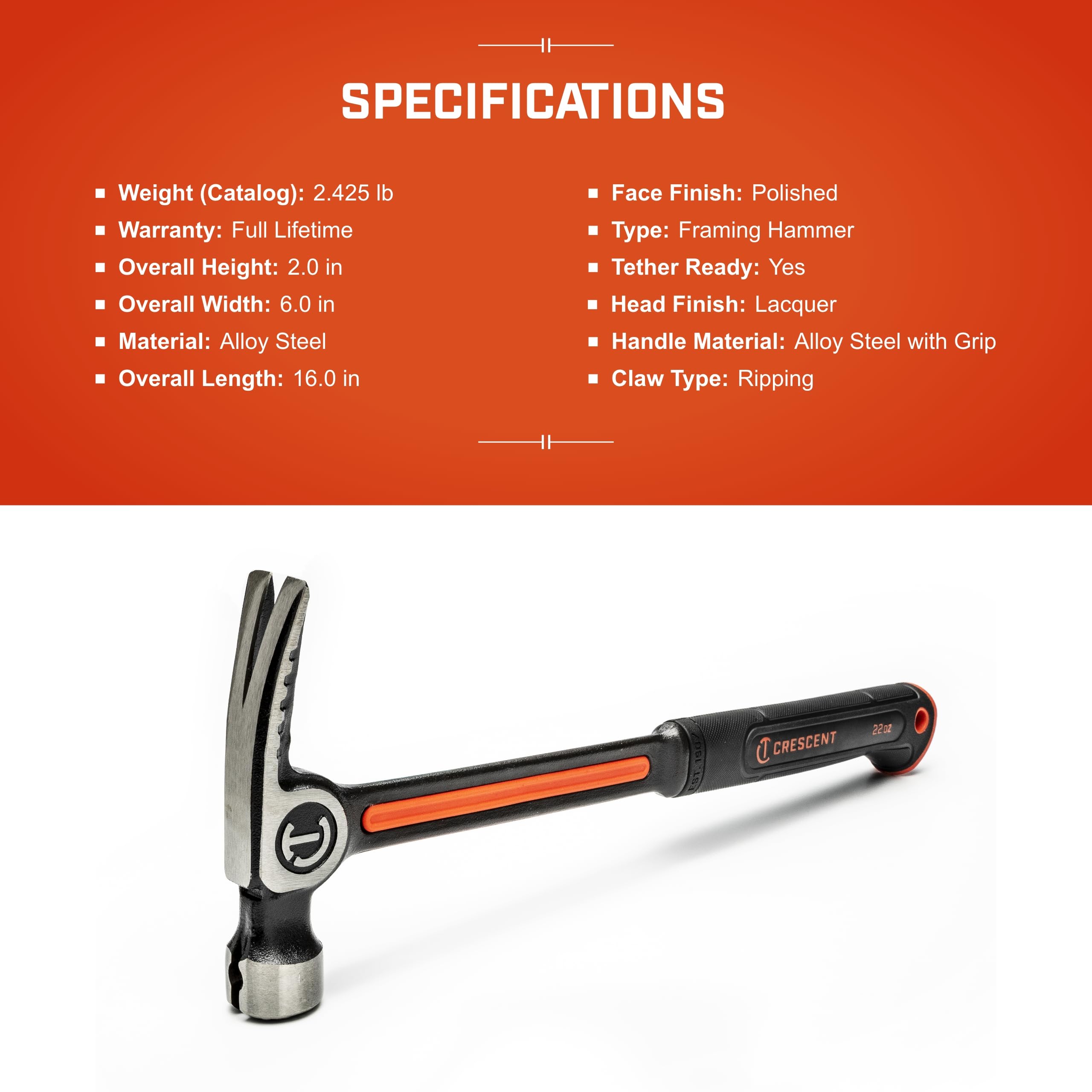 Crescent Tools - Crescent Hammer Steel Frame Smooth 22 Oz (CHSFRS22-06)