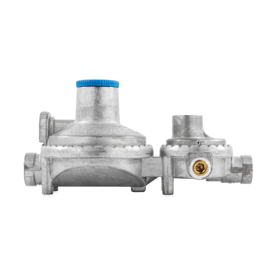 Vertical Camco Two Stage Propane Regulator - Compatible with 20 lb or 30 lb Propane Tanks with ACME Threads - 1/4-inch Female NPT inlet and 3/8-inch Female NPT outlet (59313)