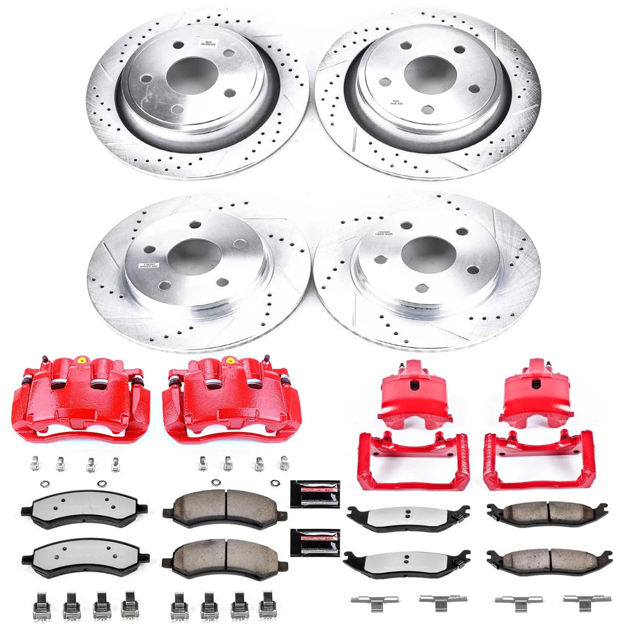 Power Stop Z36 KC2164A-36 Front & Rear Truck and Tow Carbon Fiber Ceramic Brake Pads with Drilled and Slotted Rotors Brake Kit with Calipers For Dodge Ram 1500 Durango Aspen