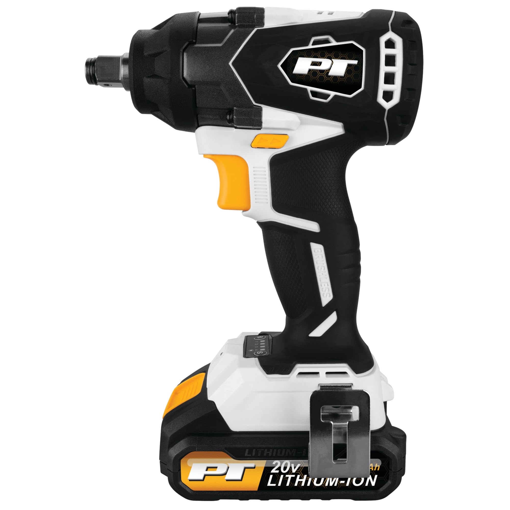 20V Li-Ion Performance Tool W7720 1/2-Inch Brushless Impact Wrench: 295 ft-lb Torque, 4-Speed Torque Settings, Auto-Stop Function, Reversible, LED Light, Quick Charger, White/Black