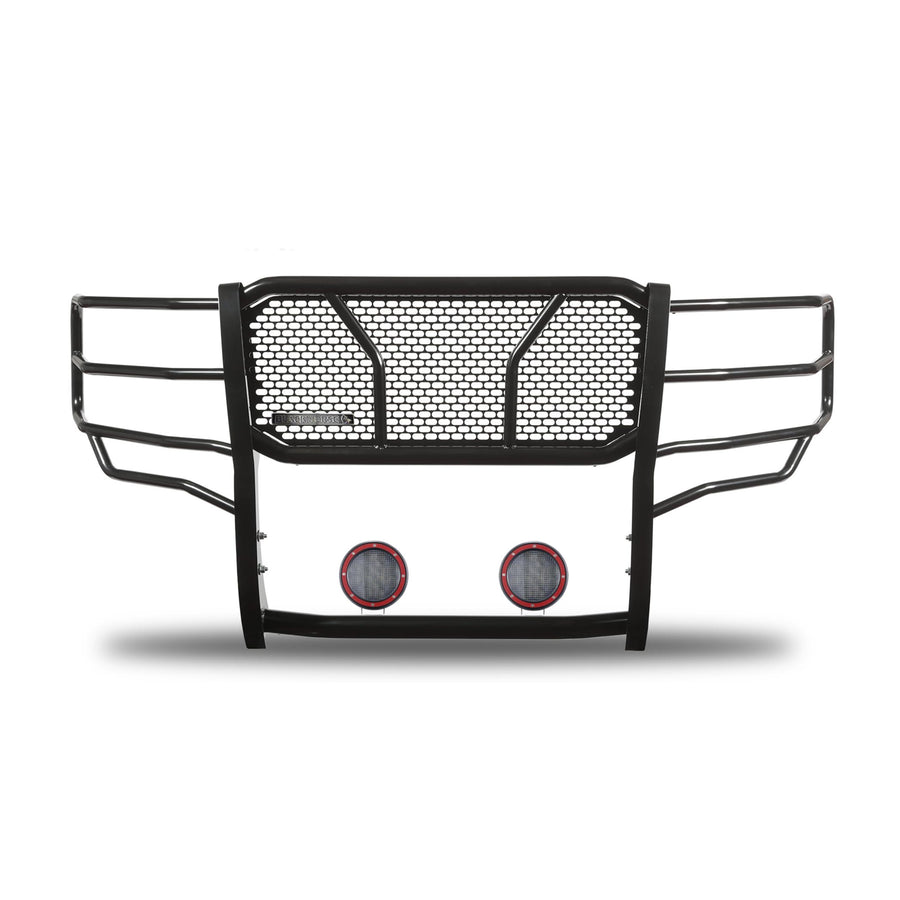 Heavy Duty Black Horse RUGGED Grille Brush Bumper Guard Modular Black Come With Pair of 5.3" Dia.LED Lights with Red Trim Rings Compatible with 2015-2019 Silverado 3500 HD/2500 HD-RU-CHSI15-B-PLFR