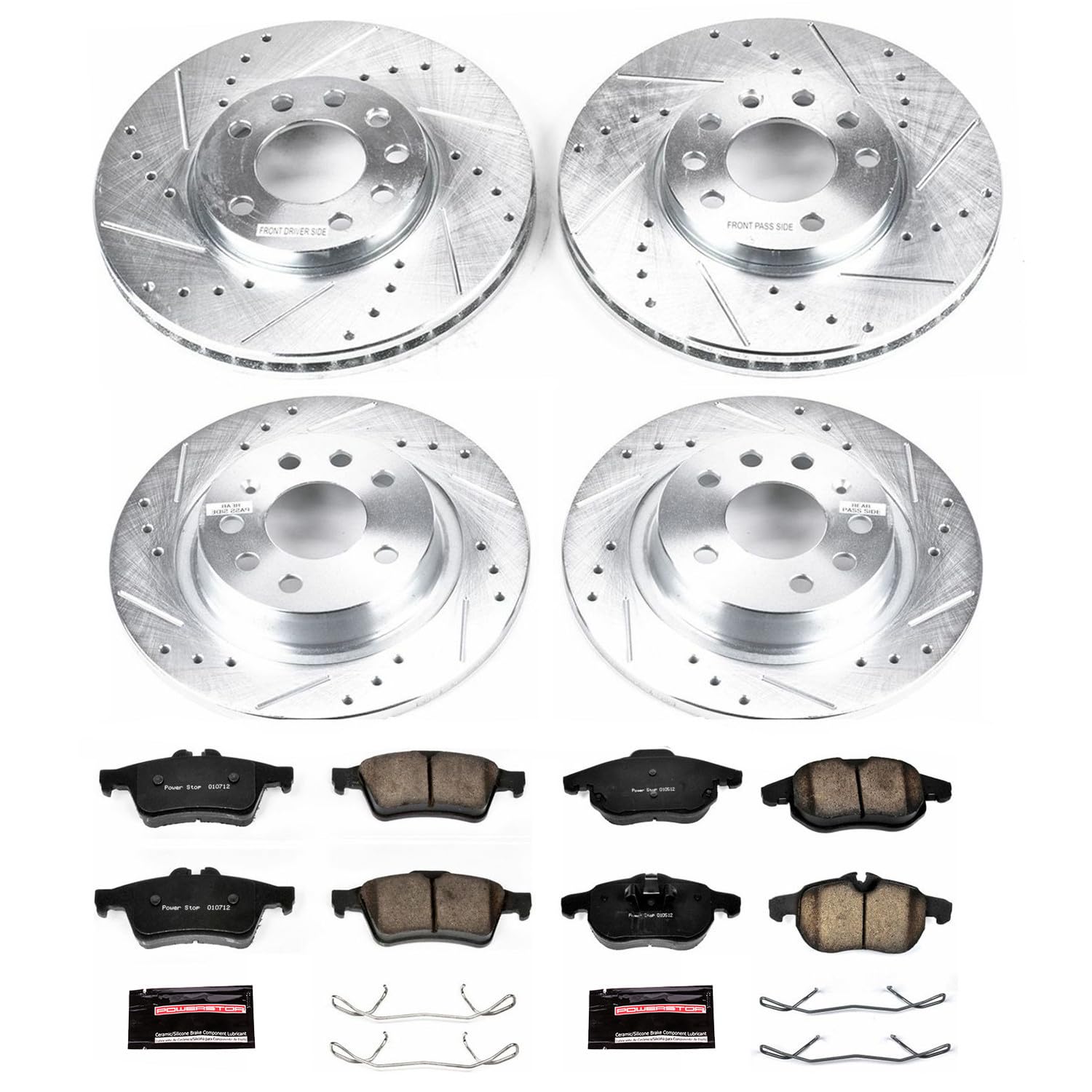 Power Stop K979 Z23 Carbon Fiber Brake Pads Front and Rear with Drilled & Slotted Brake Rotors Kit For Saab 9-3 2003-2011 [Model Specific]
