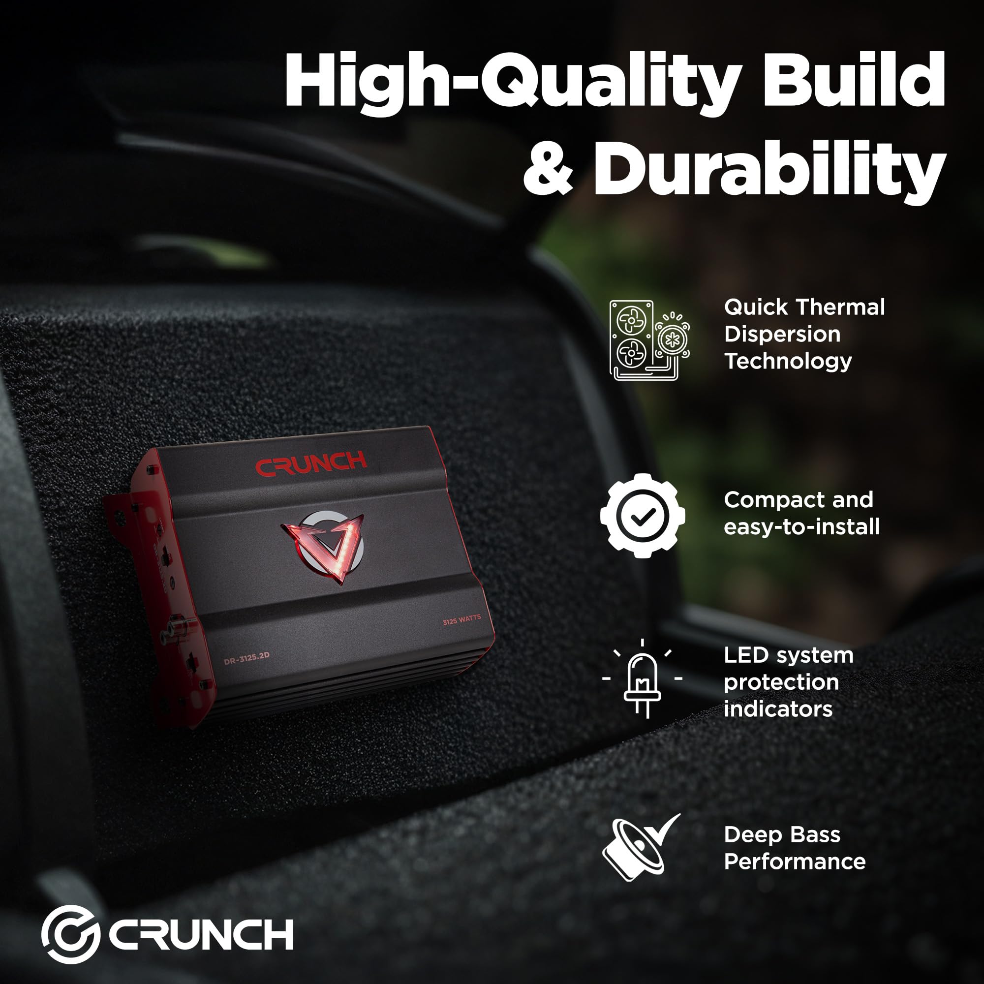 2 Channel Crunch 3125W Car Audio Subwoofer Amplifier with Adjustable Crossovers, Bass Knob & Remote, LED VU-Meter, QTD Cooling and PWM Power Supply