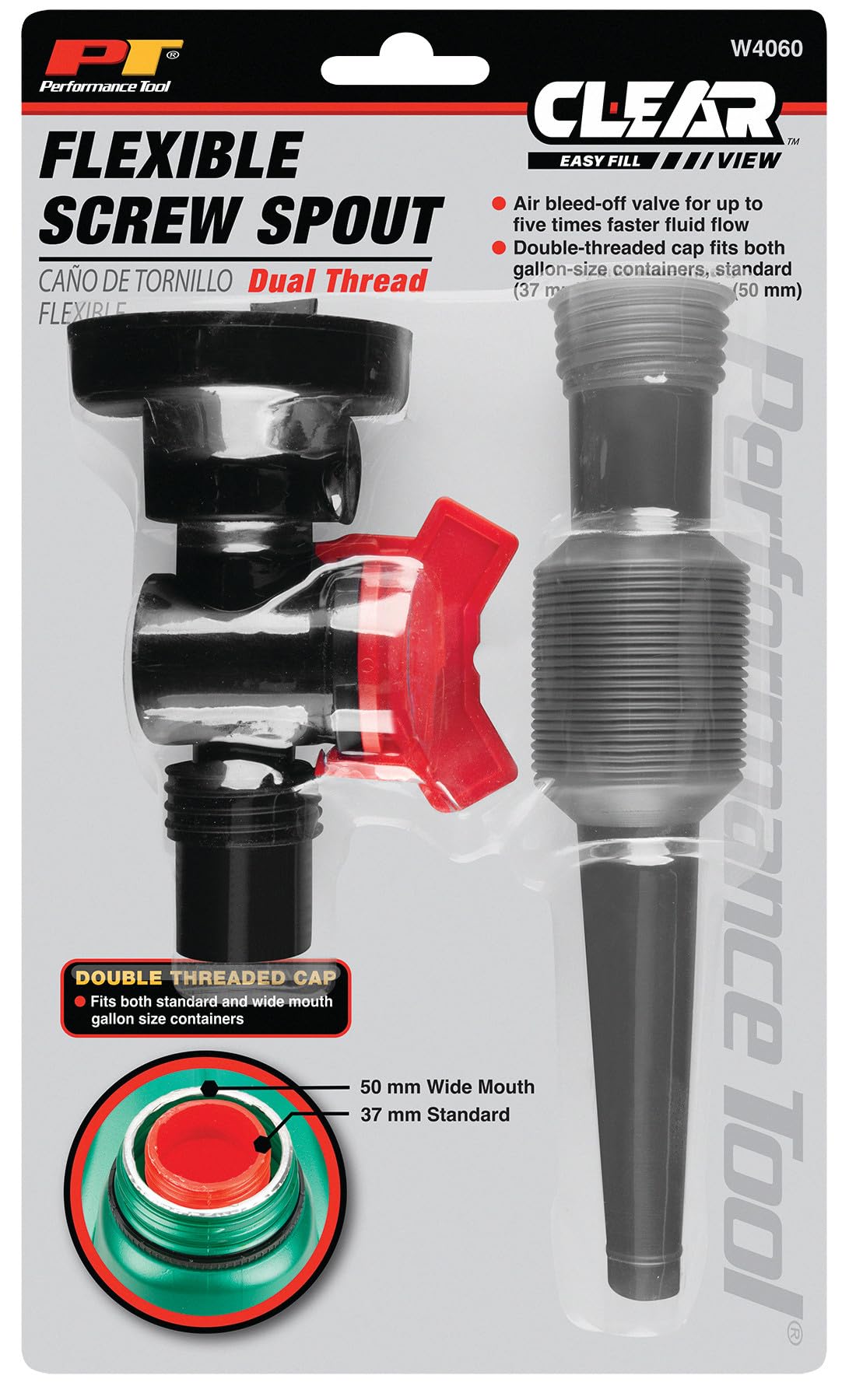 Flexible Funnel Spout Performance Tool W4060 - Mess-Free Fluid Transfer, Double-Threaded Cap, Air Bleed-Off Valve