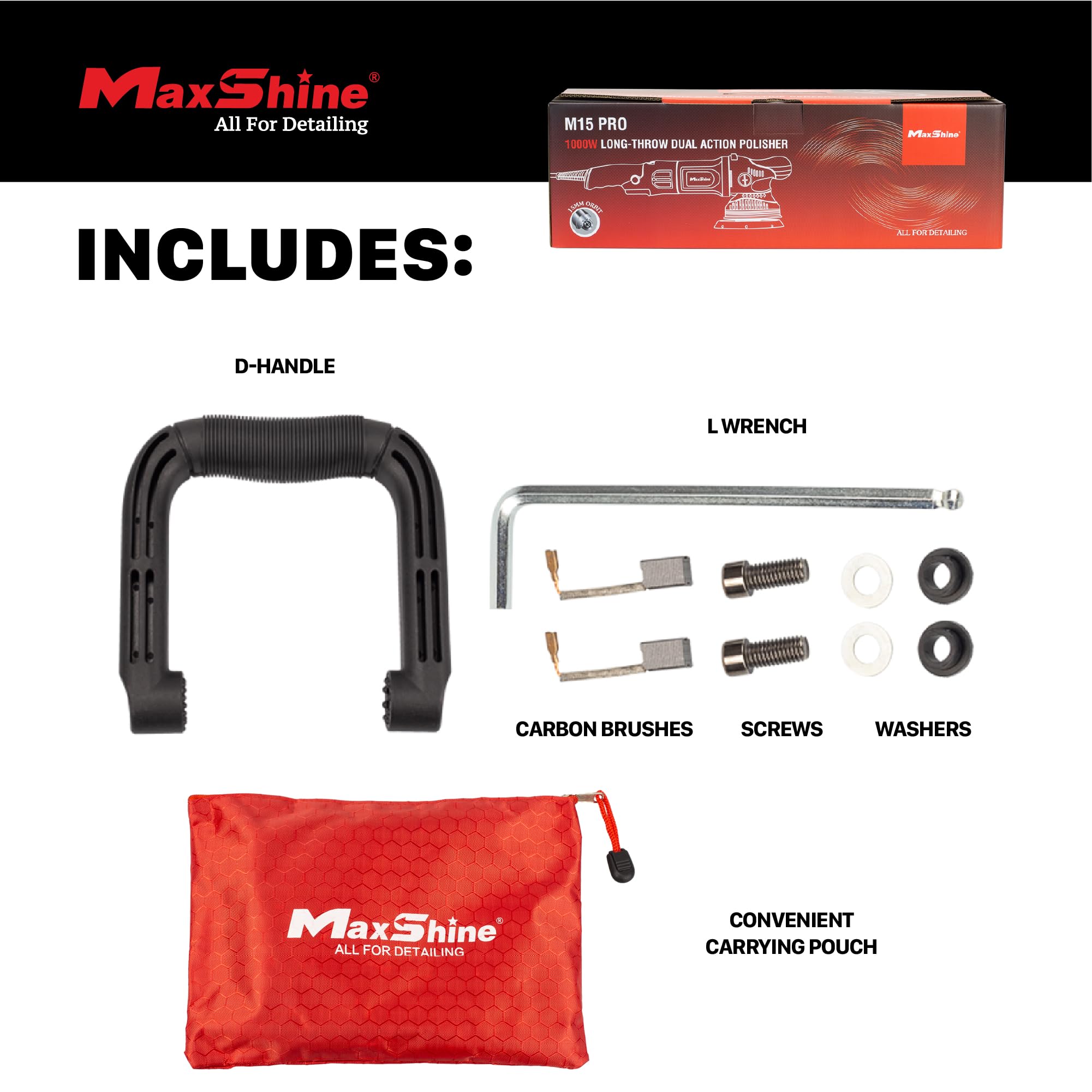 M15 Pro Maxshine Dual Action Polisher | 15mm Throw, 5” Backing Plate, 1000W Motor | Variable Speed, Ergonomic Grip, Low Vibration | Auto, Boat & Marine Detailing Buffer for Paint Correction