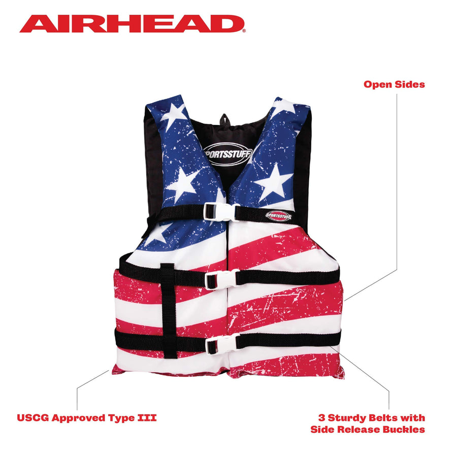SPORTSTUFF Life Jacket Stars and Stripes, US Coast Guard Approved, Type III, Adult, Child, Youth Sizes