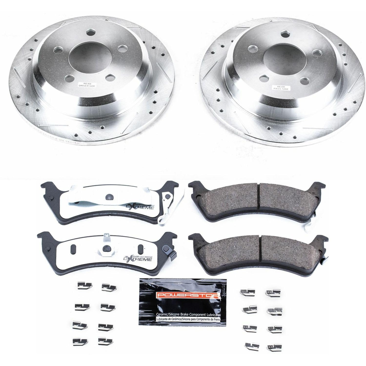 Rear Brake Kit Power Stop For 1993 1994 1995 1996 1997 1998 Jeep Grand Cherokee - Truck & Tow Carbon Fiber Ceramic Brake Pads & Drilled and Slotted Rotors Replacement, K2131-36