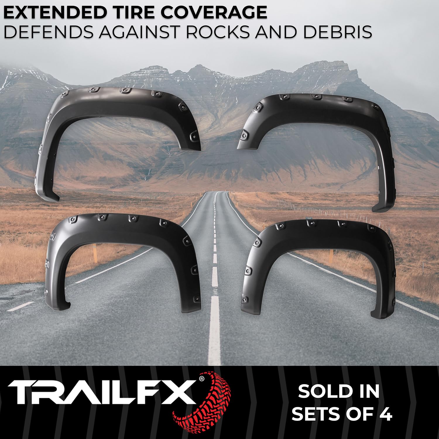 Fender Flares TrailFX Fits GMC Sierra 1500 2007-2013 Pocket Style Black Smooth Paintable Plastic Set of 4 Fender Flares with Stainless and Black Steel Rivets TrailFX TFG3001S