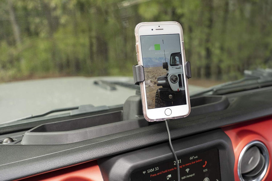 Multi-Mount Rugged Ridge Charging Phone Kit for Jeep Wrangler/Gladiator | Thermoplastic Olefin (TPO), Black | 13551.35 | Fits 2018-2025 Jeep Wrangler JL; 2020-2025 Jeep Gladiator JT