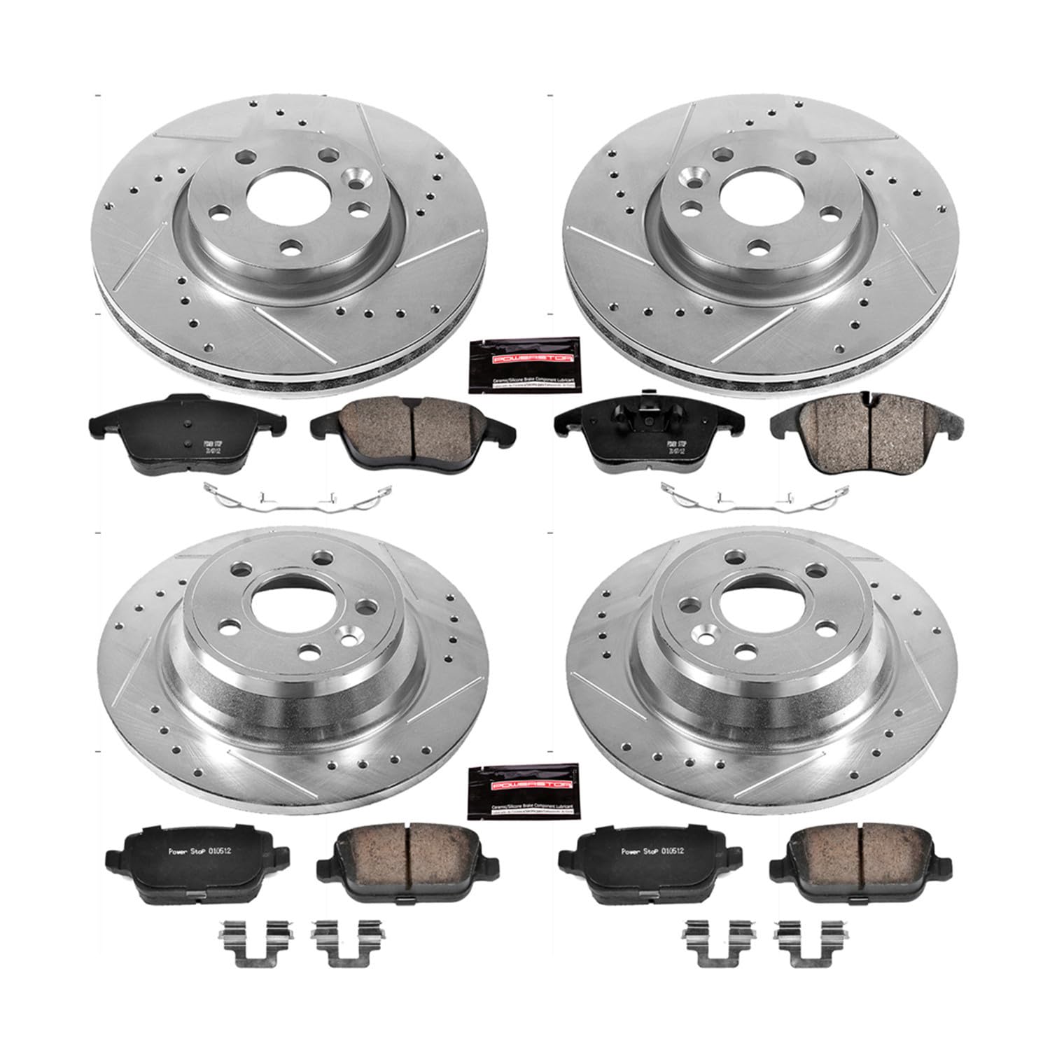 Power Stop K5610 Z23 Carbon Fiber Brake Pads Front and Rear with Drilled & Slotted Brake Rotors Kit For Volvo S80 2007-2008 [Model Specific]