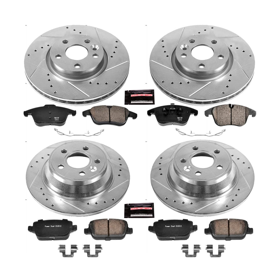 Power Stop K5610 Z23 Carbon Fiber Brake Pads Front and Rear with Drilled & Slotted Brake Rotors Kit For Volvo S80 2007-2008 [Model Specific]