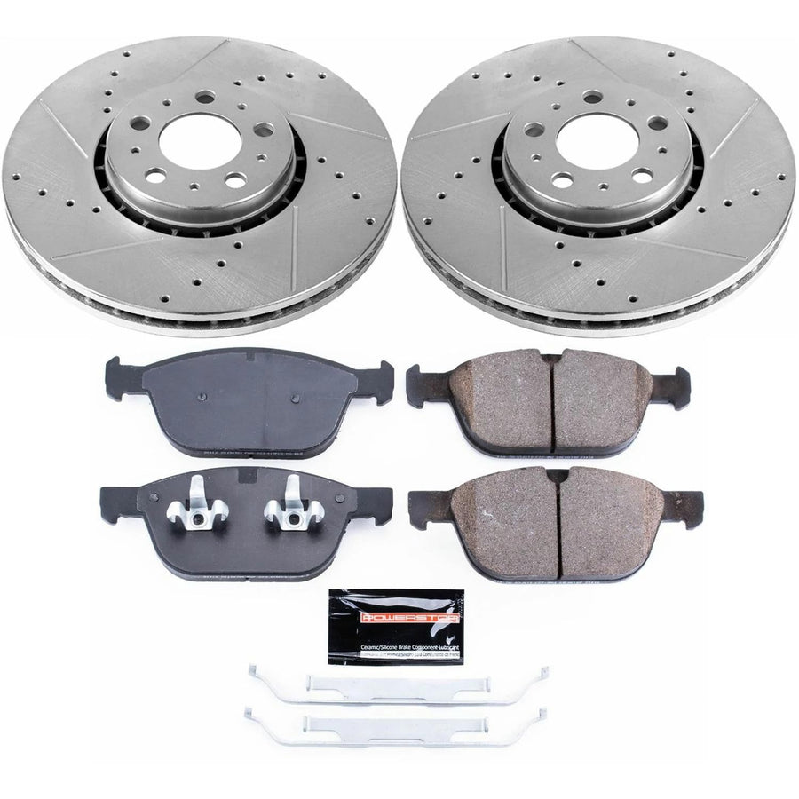 Power Stop K5707 Z23 Carbon Fiber Brake Pads with Drilled & Slotted Brake Rotors Kit For Volvo XC90 2003-2014 [Model Specific]