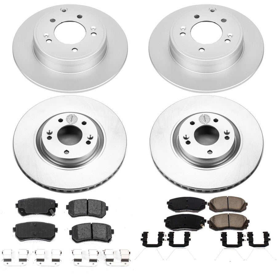Power Stop Coated CRK7510 Brake Rotor and Ceramic Brake Pads - Front & Rear For Hyundai Sonata 2016-2018 Kia Optima 2016-2018 [Vehicle Specific]