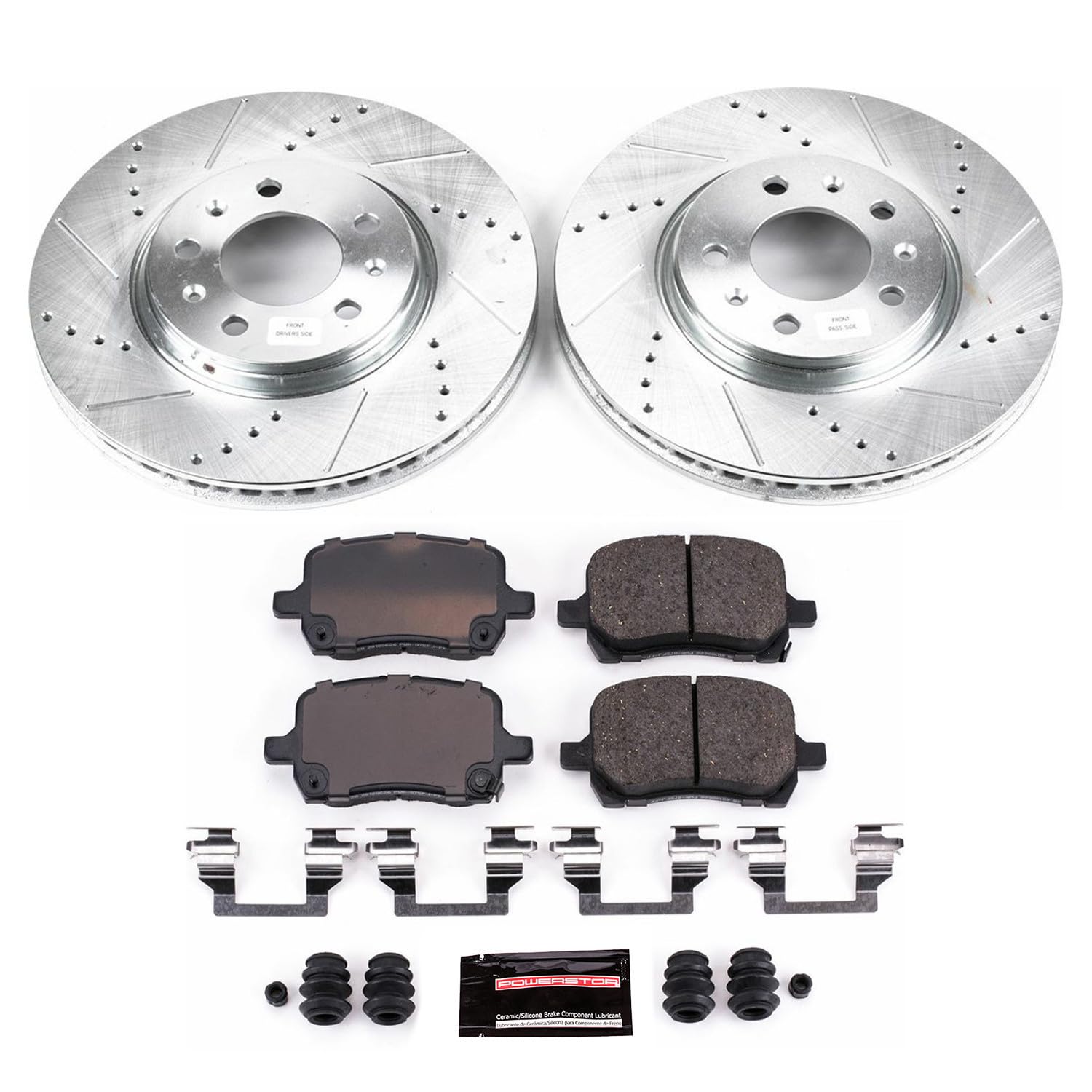 Power Stop K1433 Z23 Carbon Fiber Brake Pads with Drilled & Slotted Brake Rotors Kit For Pontiac Solstice 2006-2009, Saturn Sky 2007-2010 [Model Specific]
