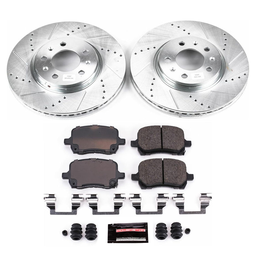Power Stop K1433 Z23 Carbon Fiber Brake Pads with Drilled & Slotted Brake Rotors Kit For Pontiac Solstice 2006-2009, Saturn Sky 2007-2010 [Model Specific]