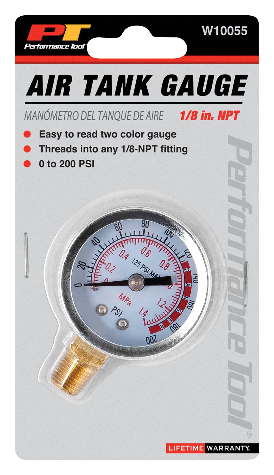 W10055 Performance Tool 0-200 PSI Air Gauge for Air Tank Accessory