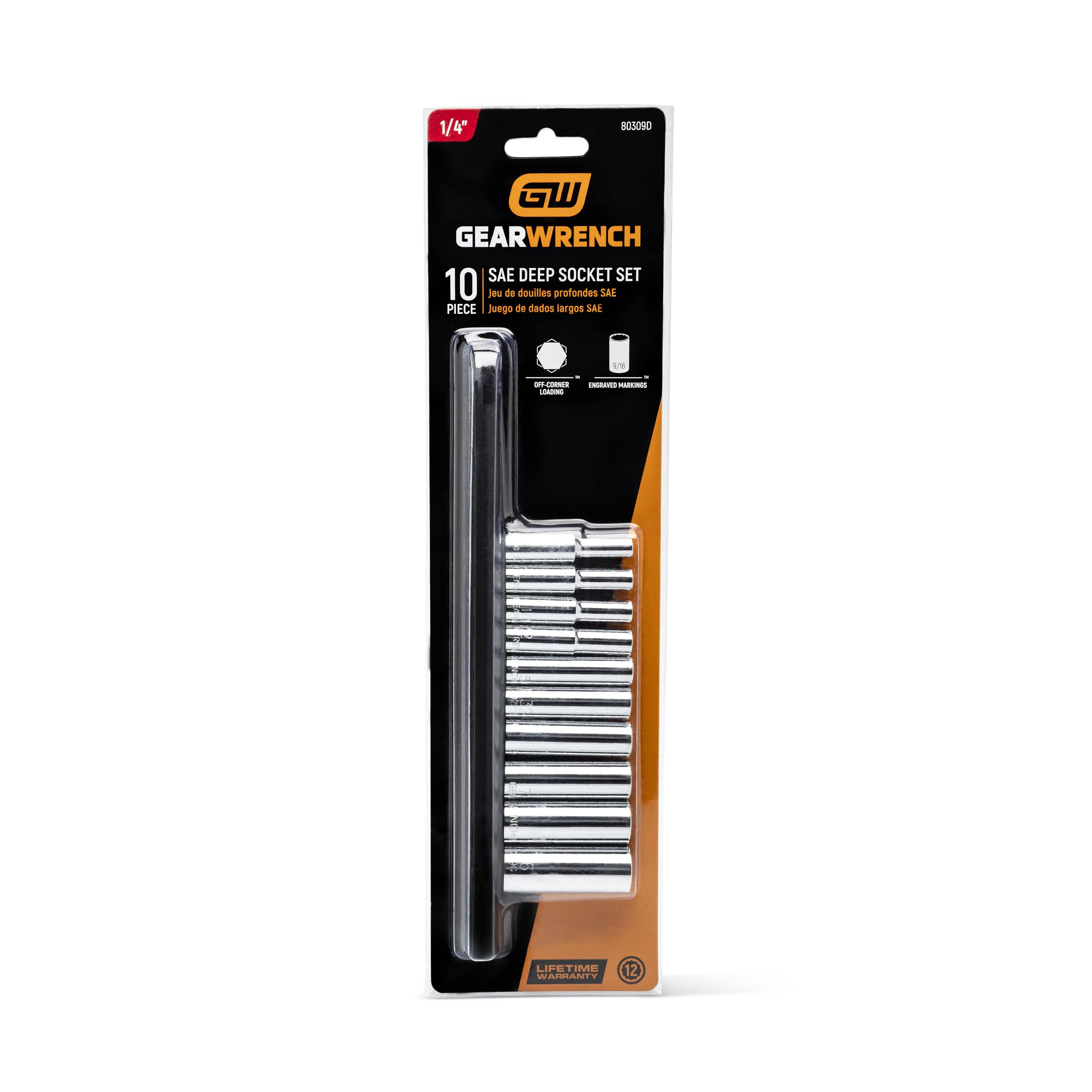 1/4" Drive GEARWRENCH 10 Pc. 12 Pt. Deep Socket Set, SAE - 80309D