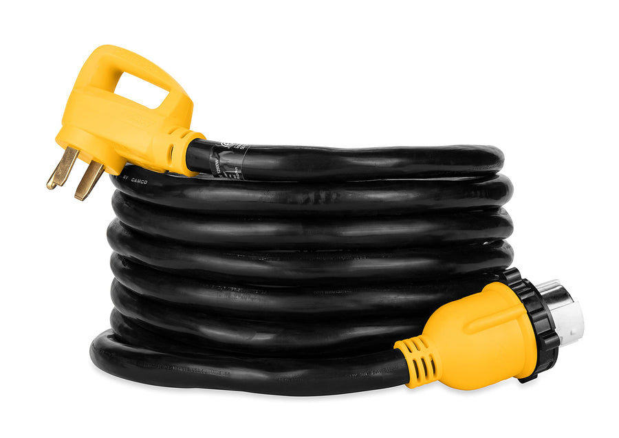 Camco 25-Foot PowerGrip 50-Amp RV Extension Cord | Features a 50-Amp Standard Male Connector, a 50-Amp Locking Female Connector, and is Rated for 125/250 Volts/12500 Watts (55542)