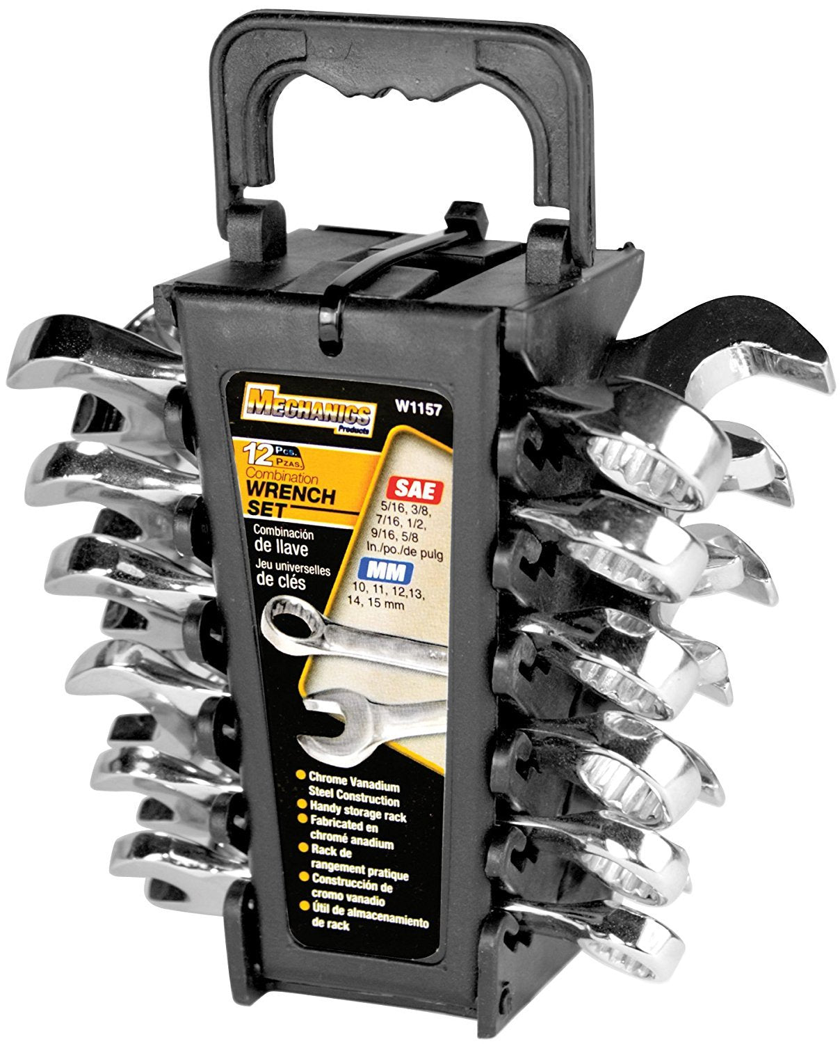 W1157 Performance Tool Stubby Wrench Set with SAE and Metric Sizes, Chrome Vanadium Steel Construction and Handy Storage Rack, 12-Piece Set