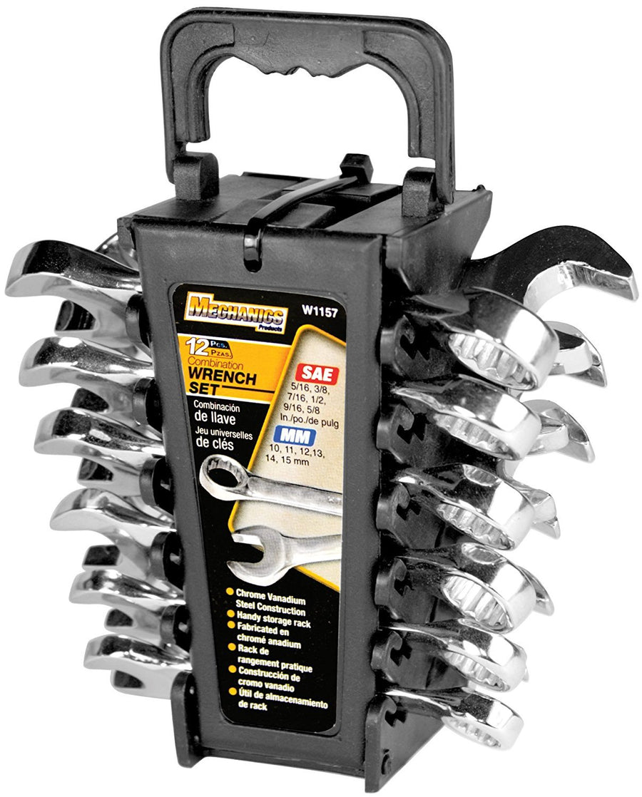 W1157 Performance Tool Stubby Wrench Set with SAE and Metric Sizes, Chrome Vanadium Steel Construction and Handy Storage Rack, 12-Piece Set