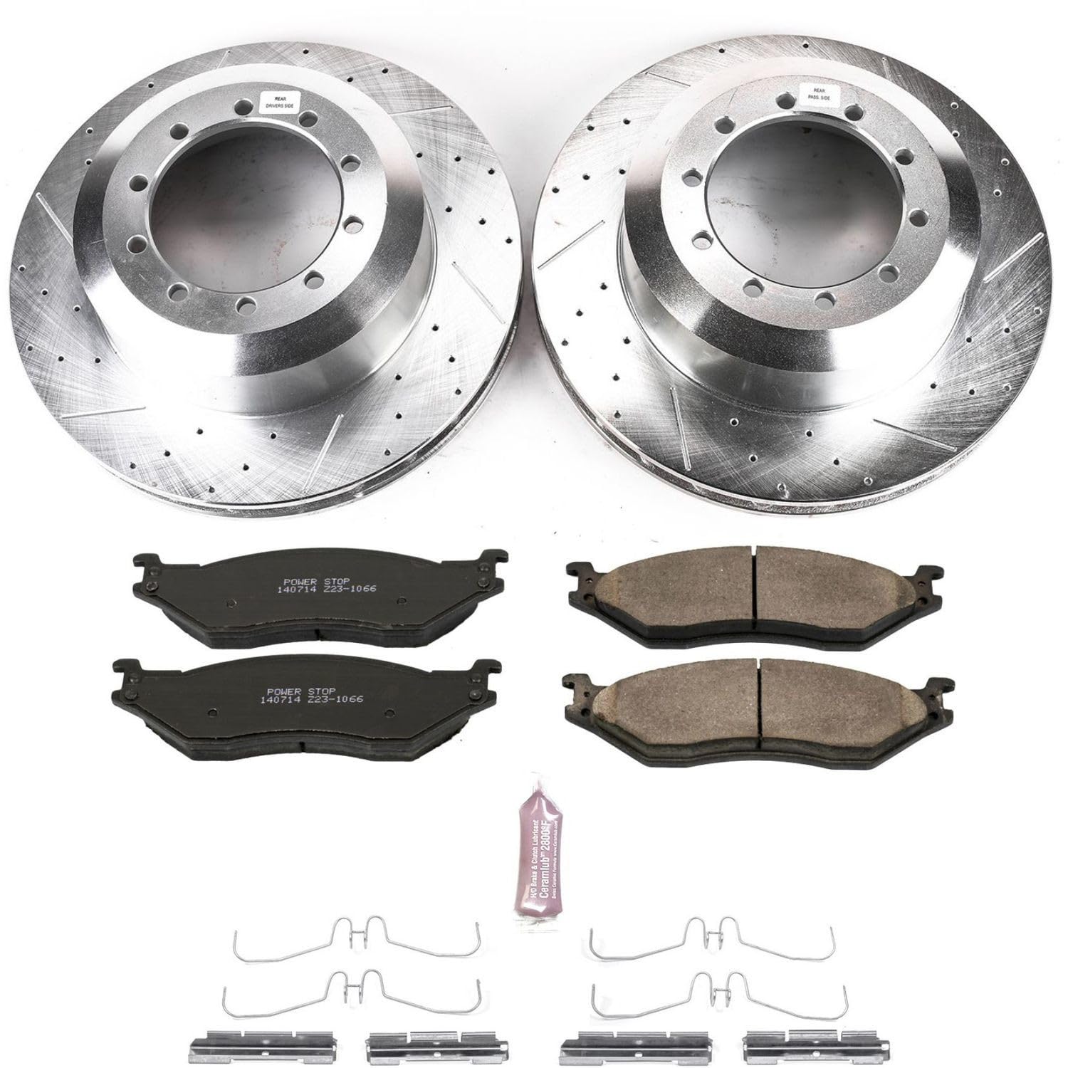 Power Stop K8179 Z23 Carbon Fiber Brake Pads Front OR Rear with Drilled & Slotted Brake Rotors Kit