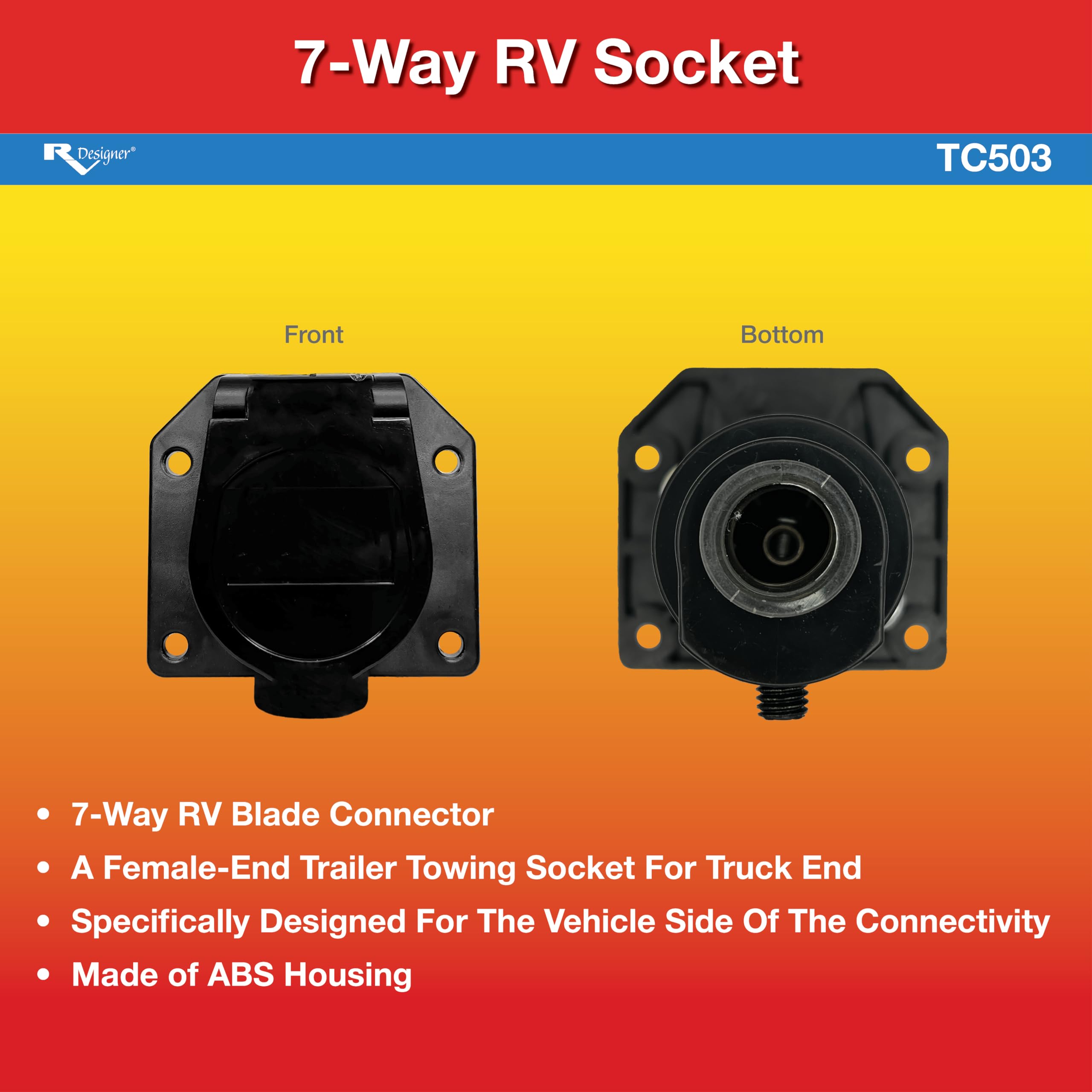 7-Way RV Blade Socket RV Designer TC503 – Vehicle-Side Electrical Connector for Trailer Towing – Durable ABS Housing with Spring-Loaded Dust Cover, Reliable Wiring Protection