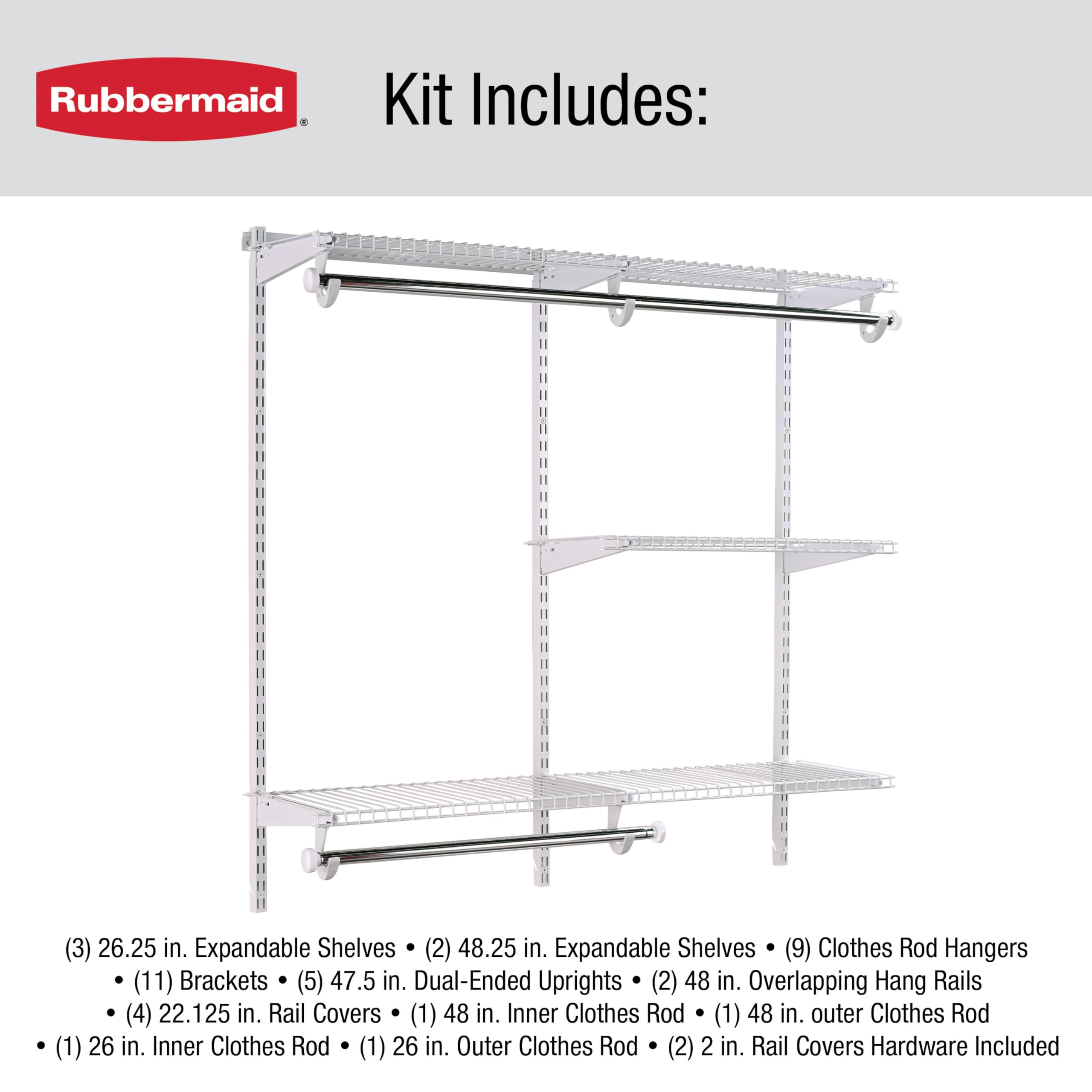 Rubbermaid Configurations Custom Closet Kit Adjustable Metal Wire Shelving 4-8 Ft. White Finish Expandable Organization System Hardware Included for Home Closet/Pantry/Laundry/Mudroom