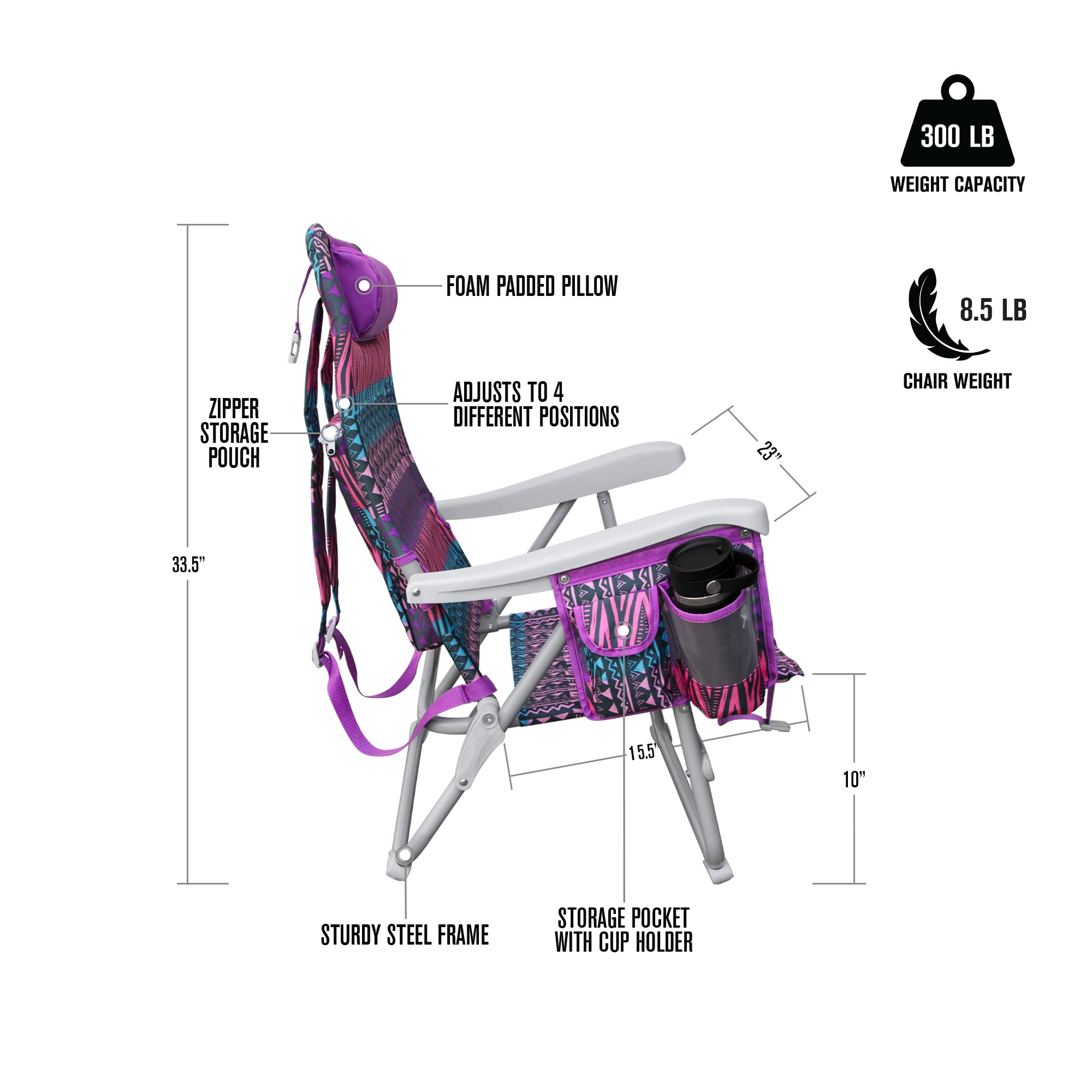 Backpack Hurley Beach Chair, One Size, Alloy Steel, Lightweight, Pink Violet