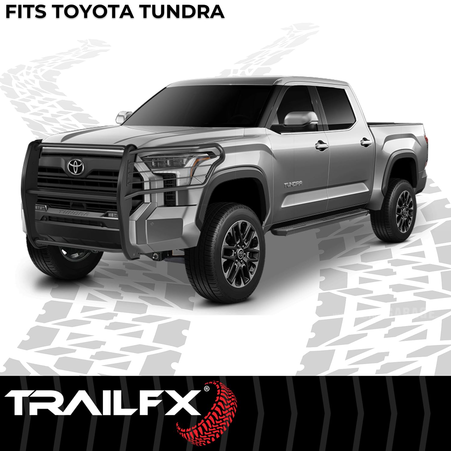 Grille Guard TrailFX E0049T, 1-Piece, Black Textured Powder Coated, Steel, 1-1/2 In Dia, With Brush Guard, Fits 2022-2025 Toyota Tundra (Models With Parking Brake Support System Must Turn Off System)